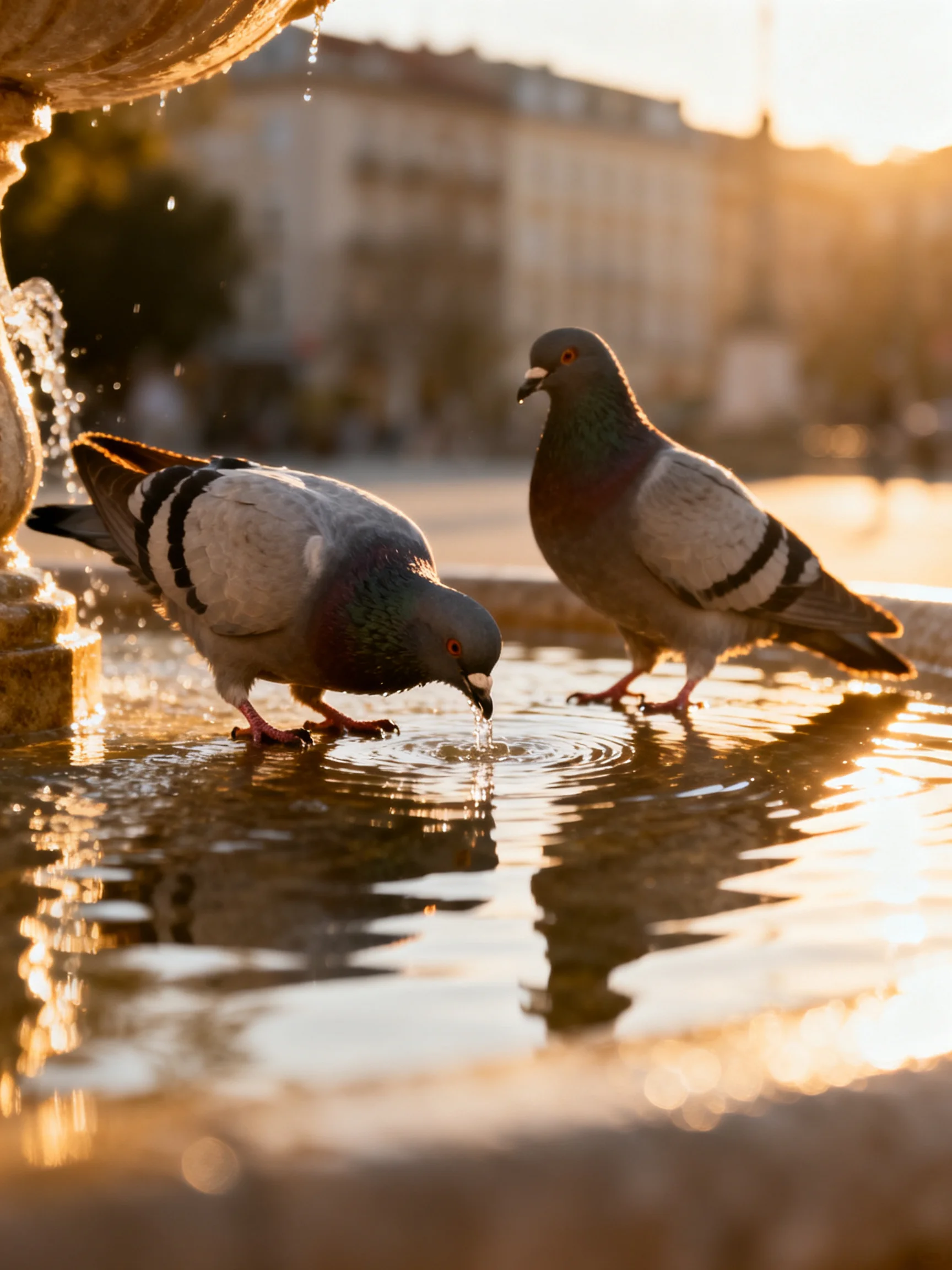 Two pigeons gather at a sunlit fountain with rippling water