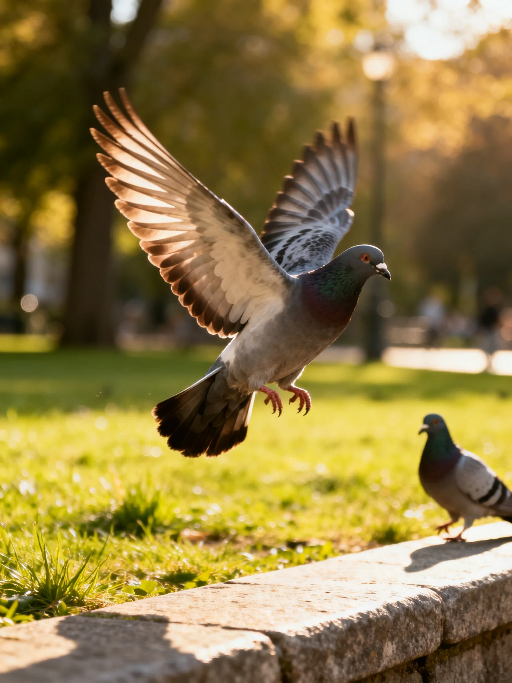 Two pigeons in a sunlit park, one taking flight, feathers gray and brown