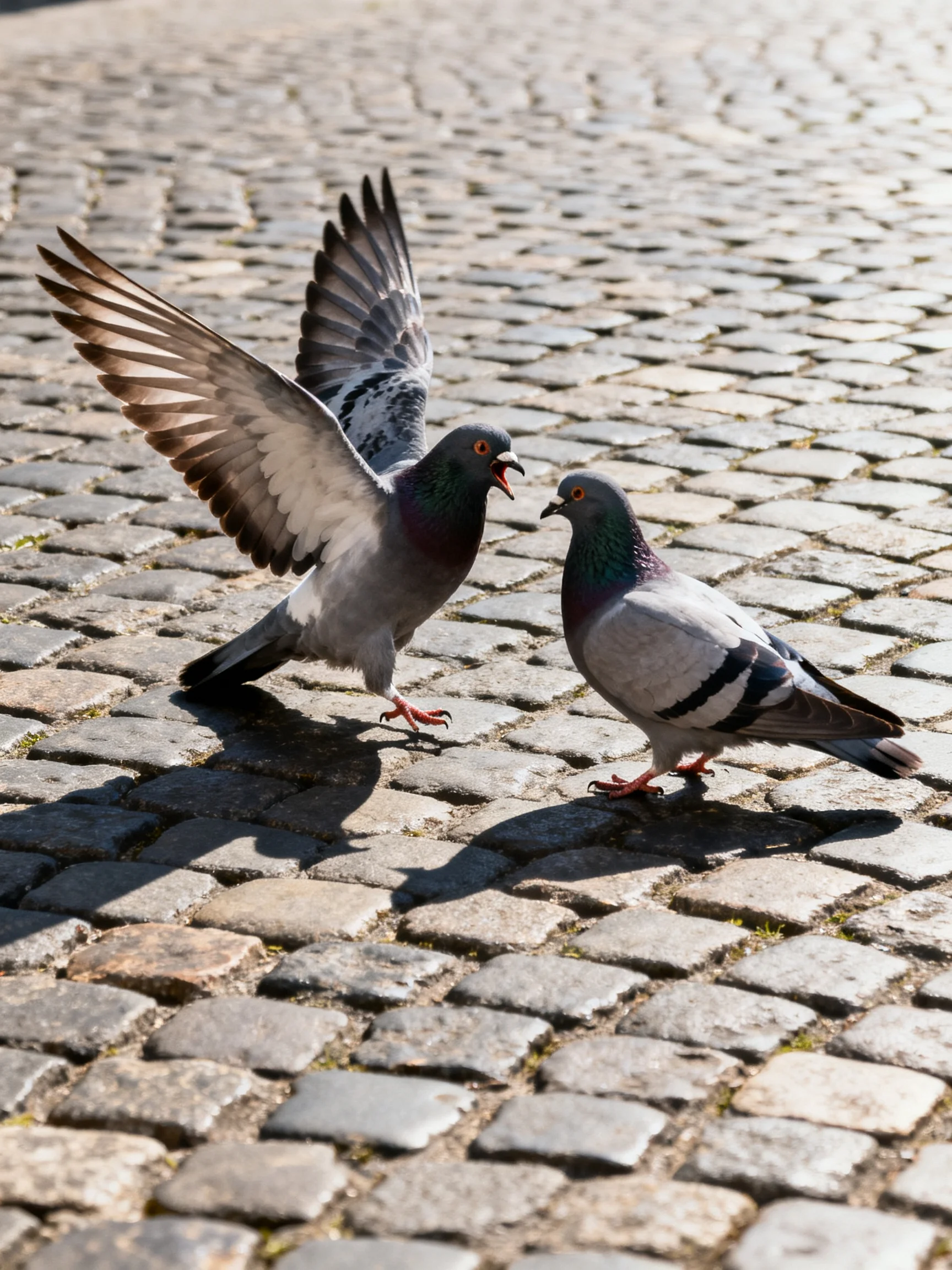 Two pigeons interact on a sun-dappled cobblestone pavement