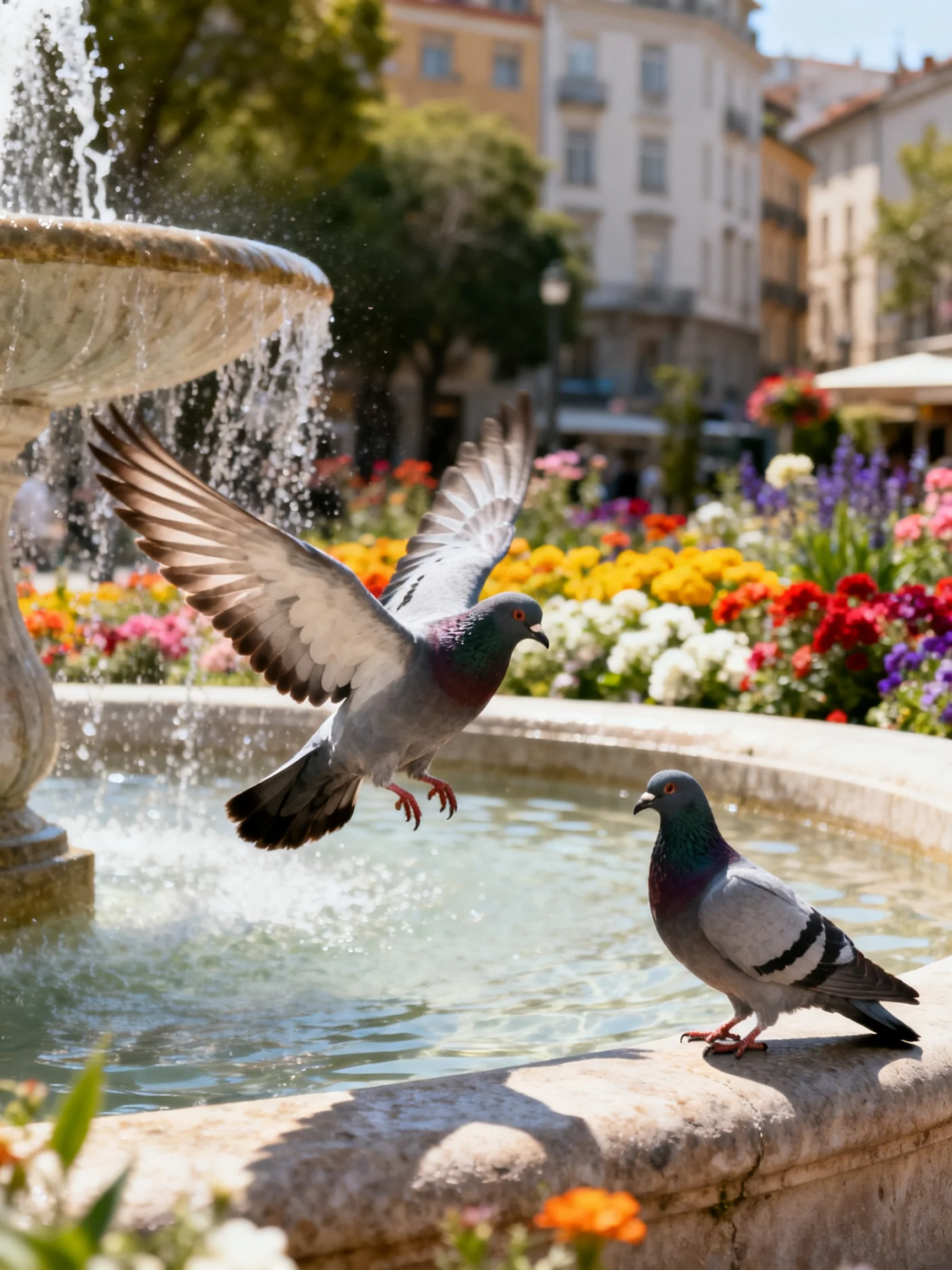 Pigeons interact near a fountain surrounded by vibrant flowers.