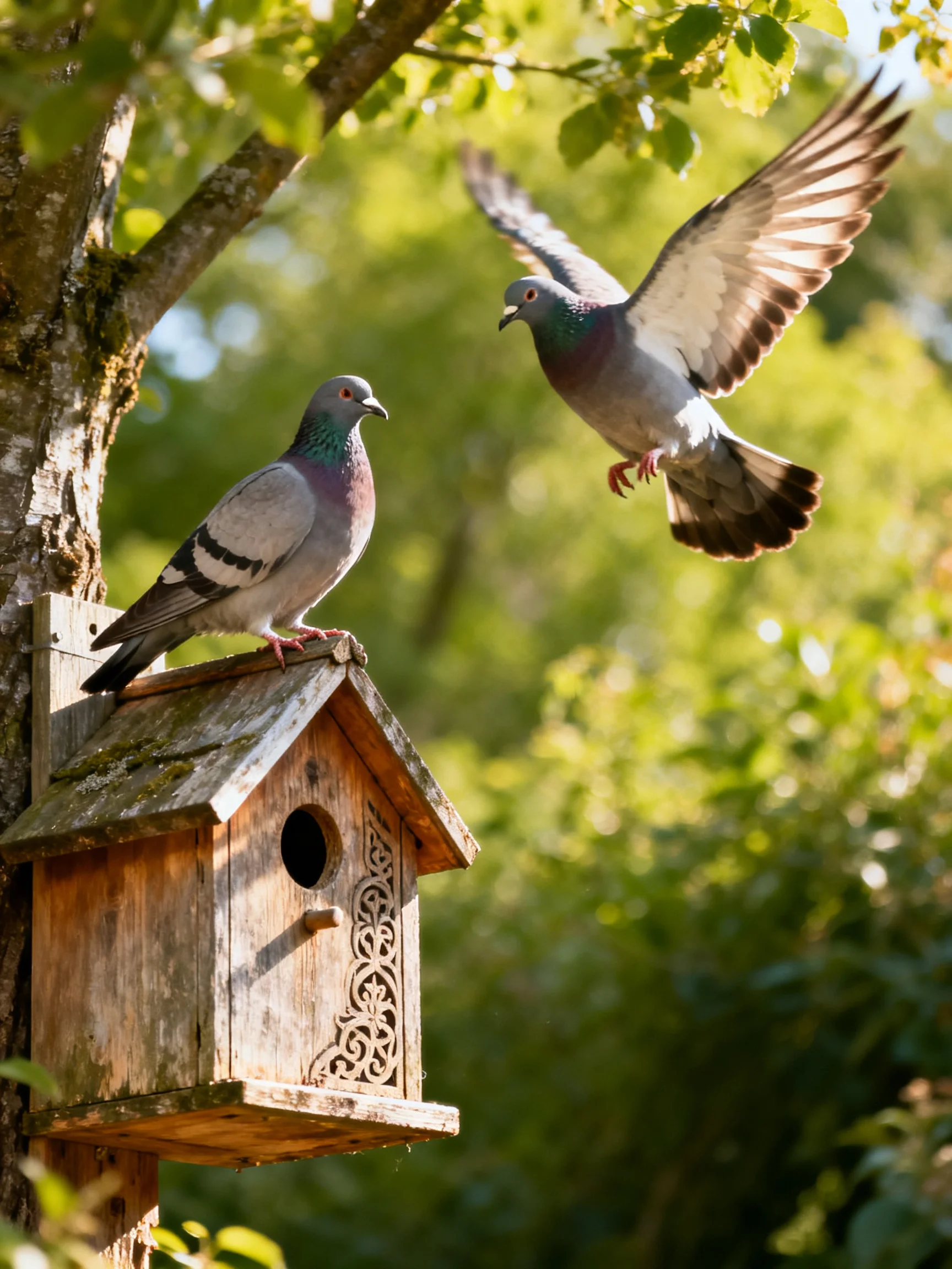 Two pigeons near an aged wooden birdhouse in lush green surroundings