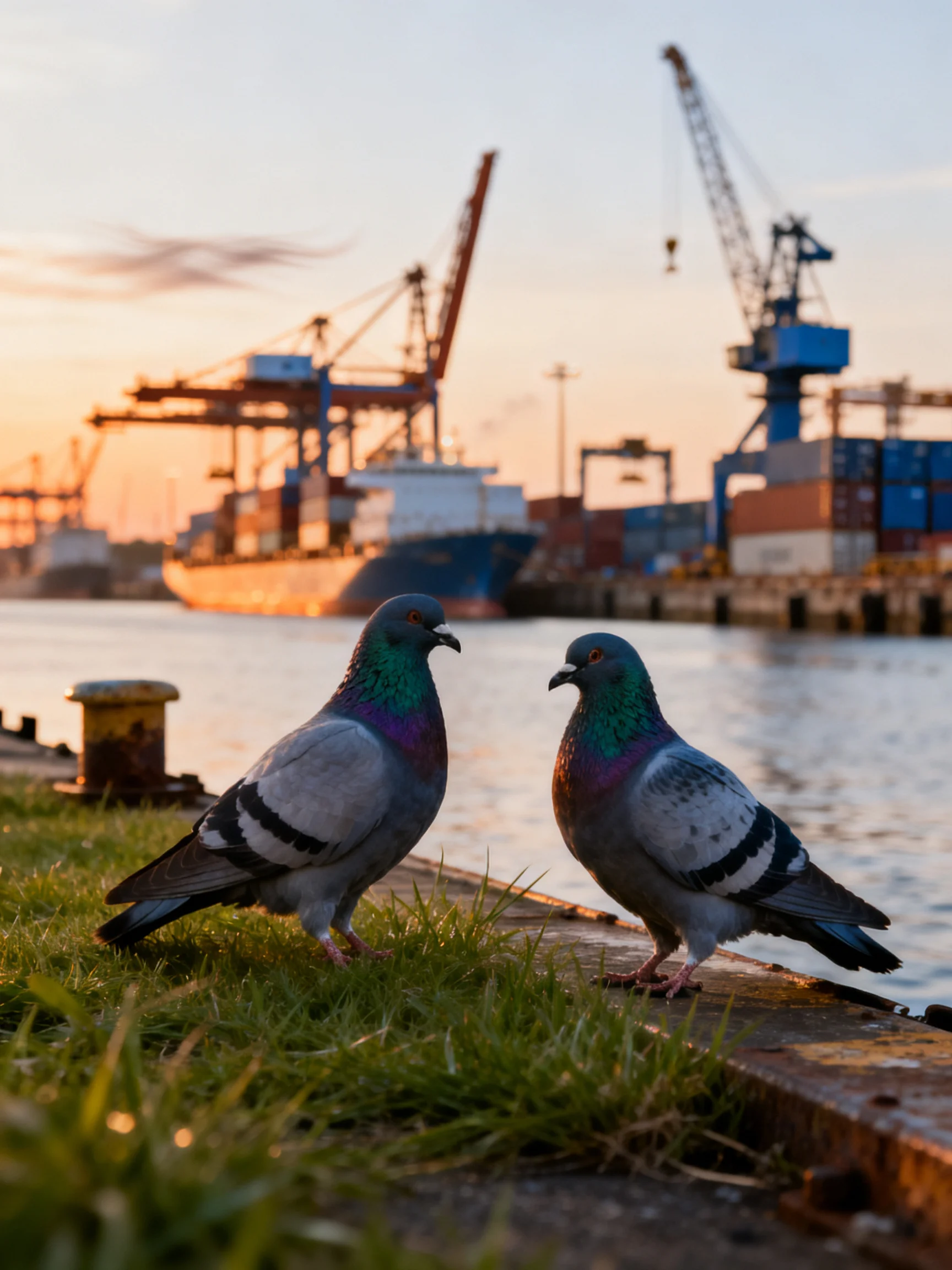 Two pigeons near harbor dock with industrial cranes at sunset
