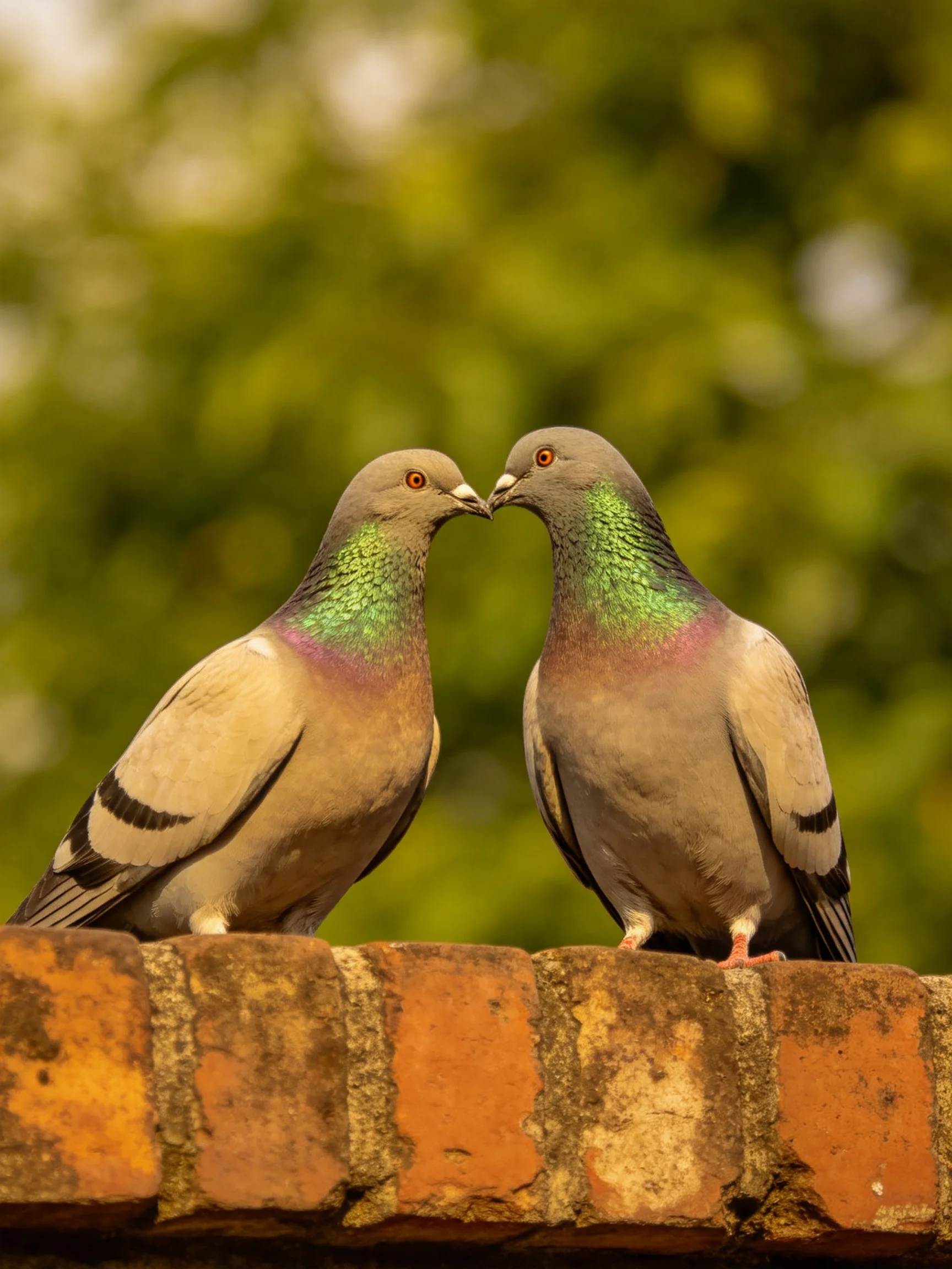 Two pigeons nuzzling on a weathered brick ledge amid greenery