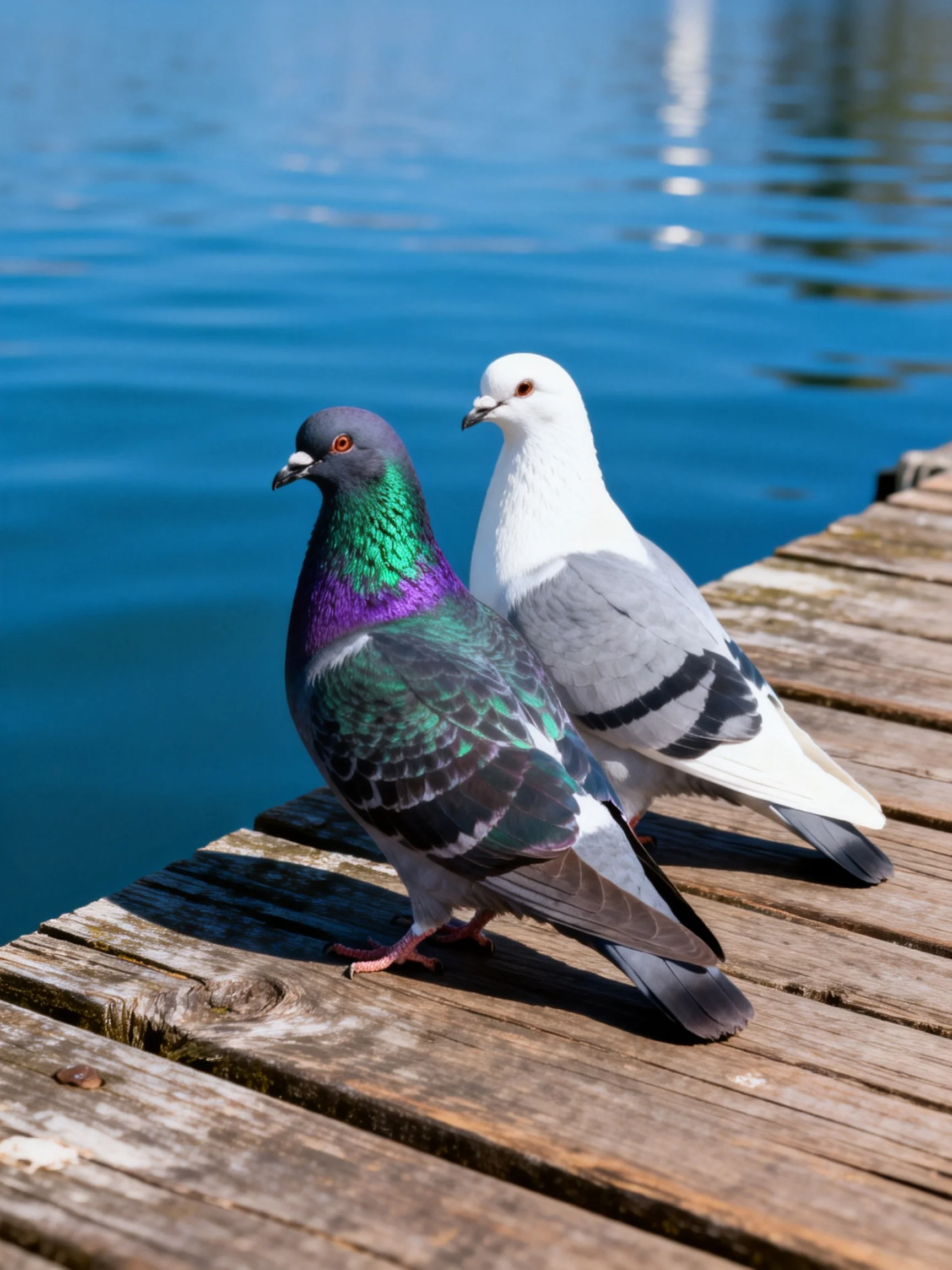 Two pigeons of varying colors rest on a weathered wooden dock by calm blue water