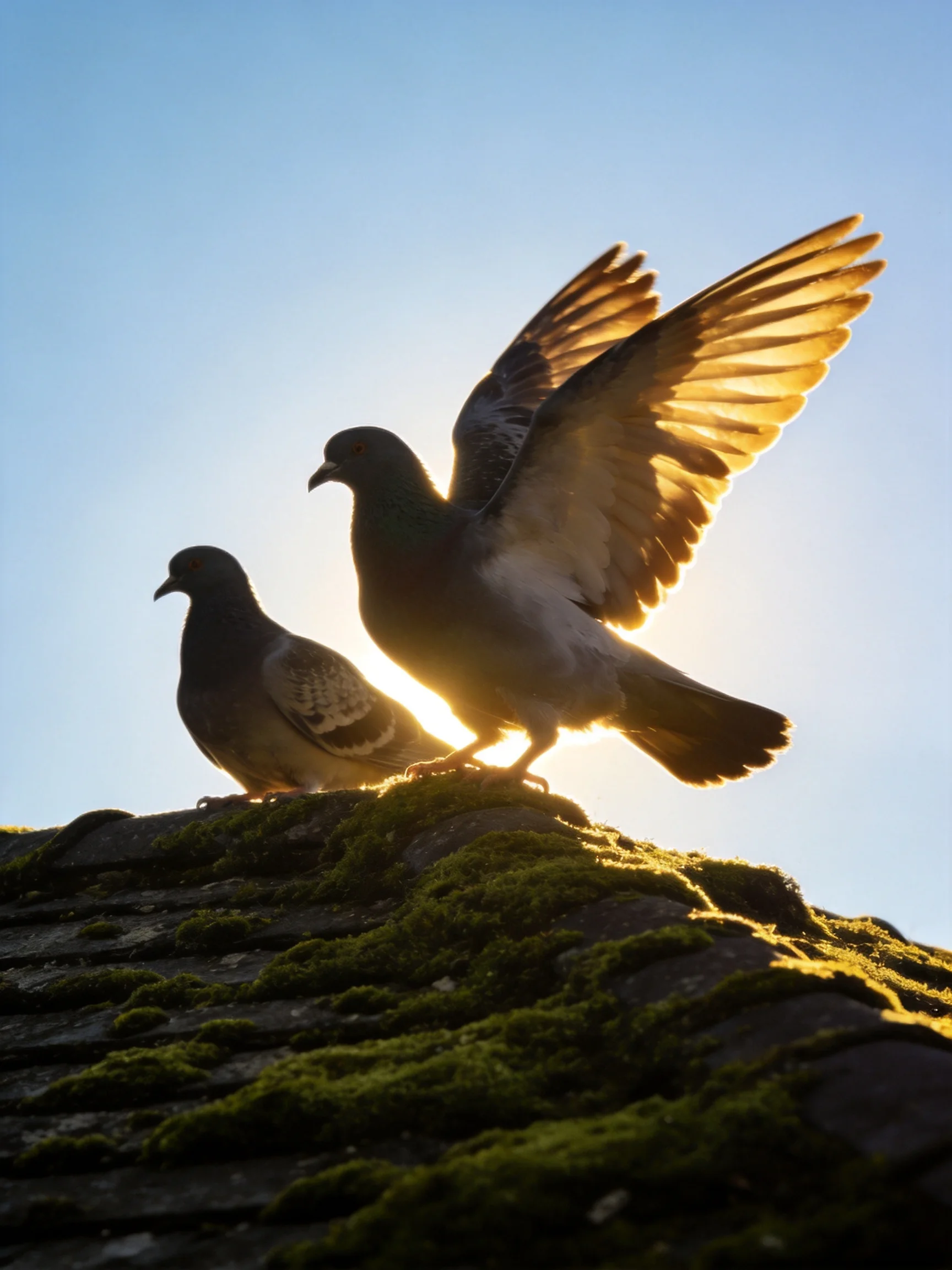 Two pigeons on a mossy rooftop with golden sunlight
