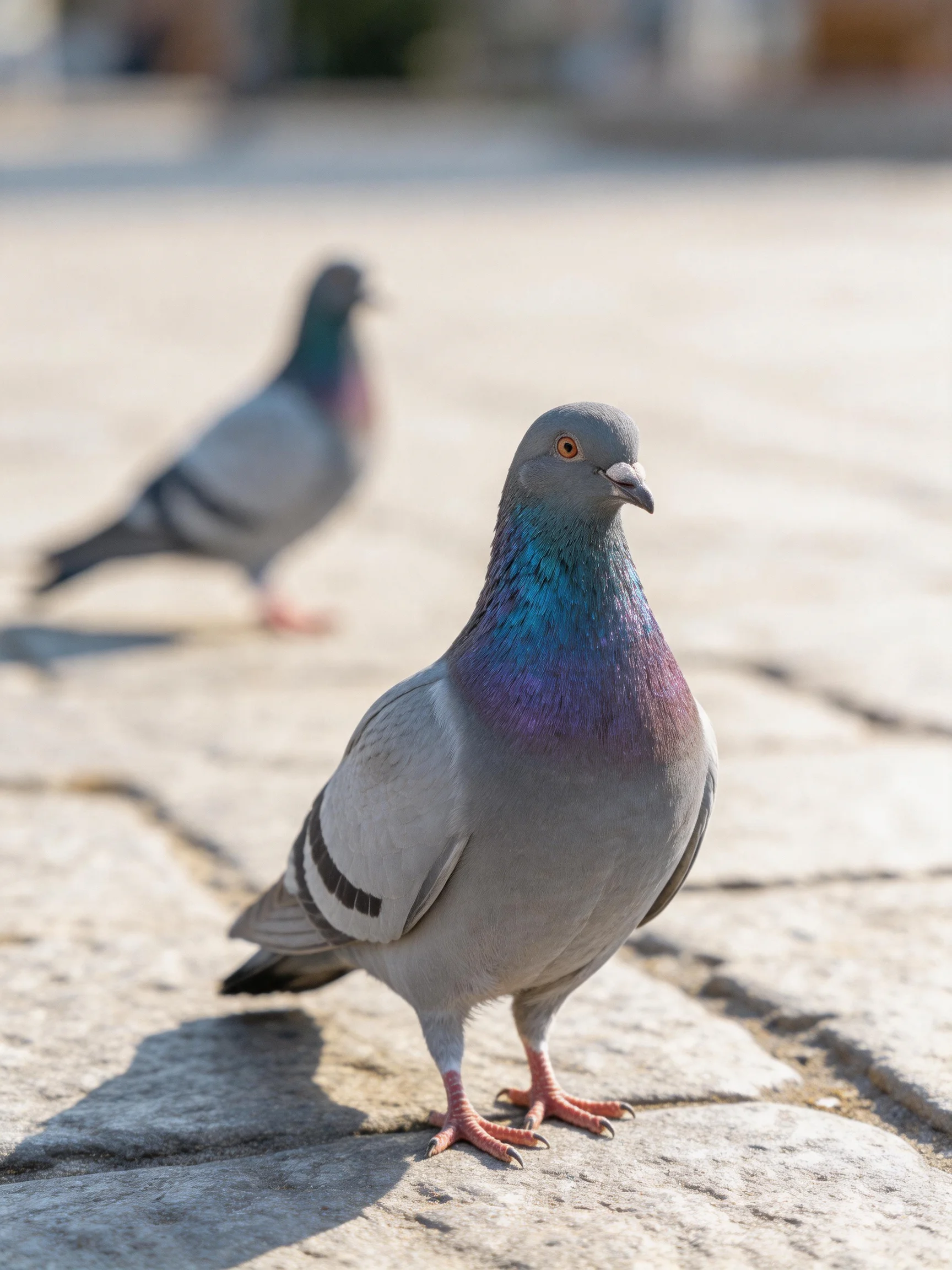 Two pigeons on a stone pavement, one with iridescent neck feathers