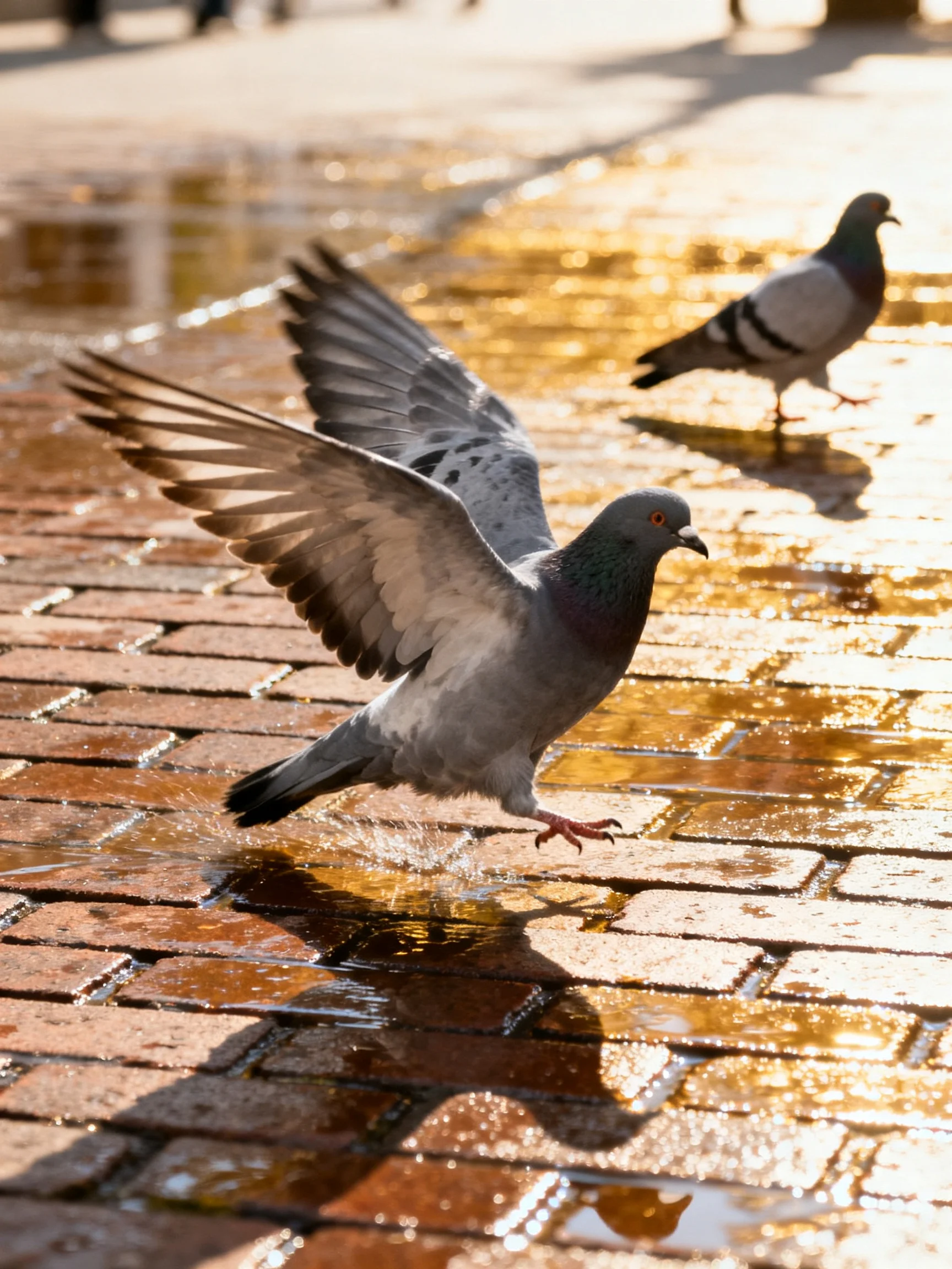 Two pigeons on a wet brick pavement with water splashing