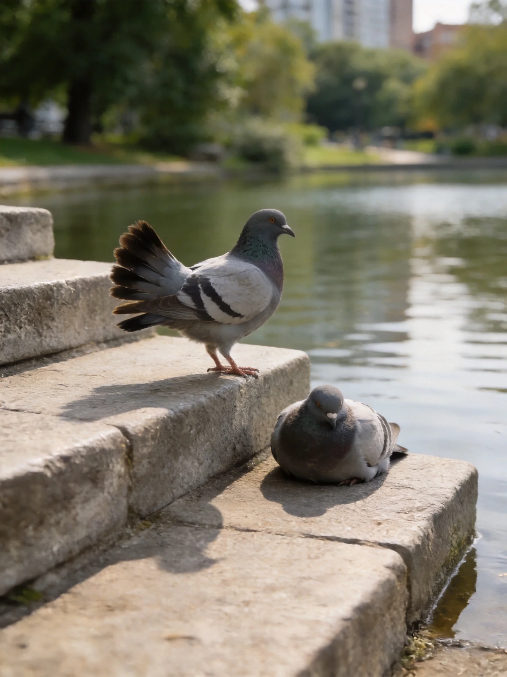 Two pigeons on aged stone steps near a calm waterway