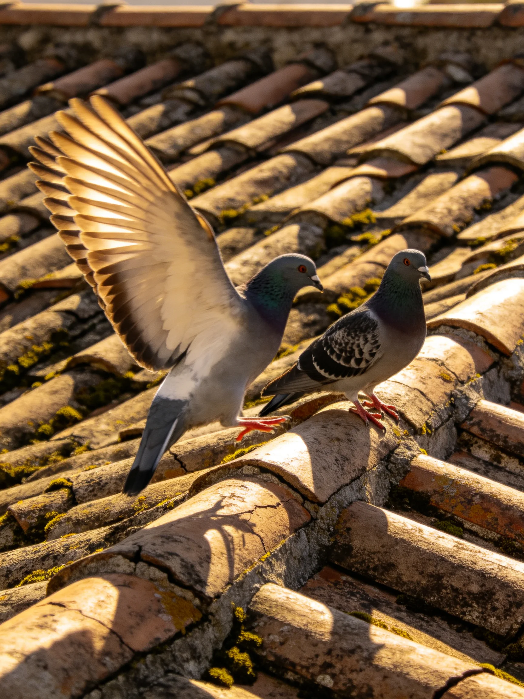 Two pigeons on an aged, moss-dotted tile roof
