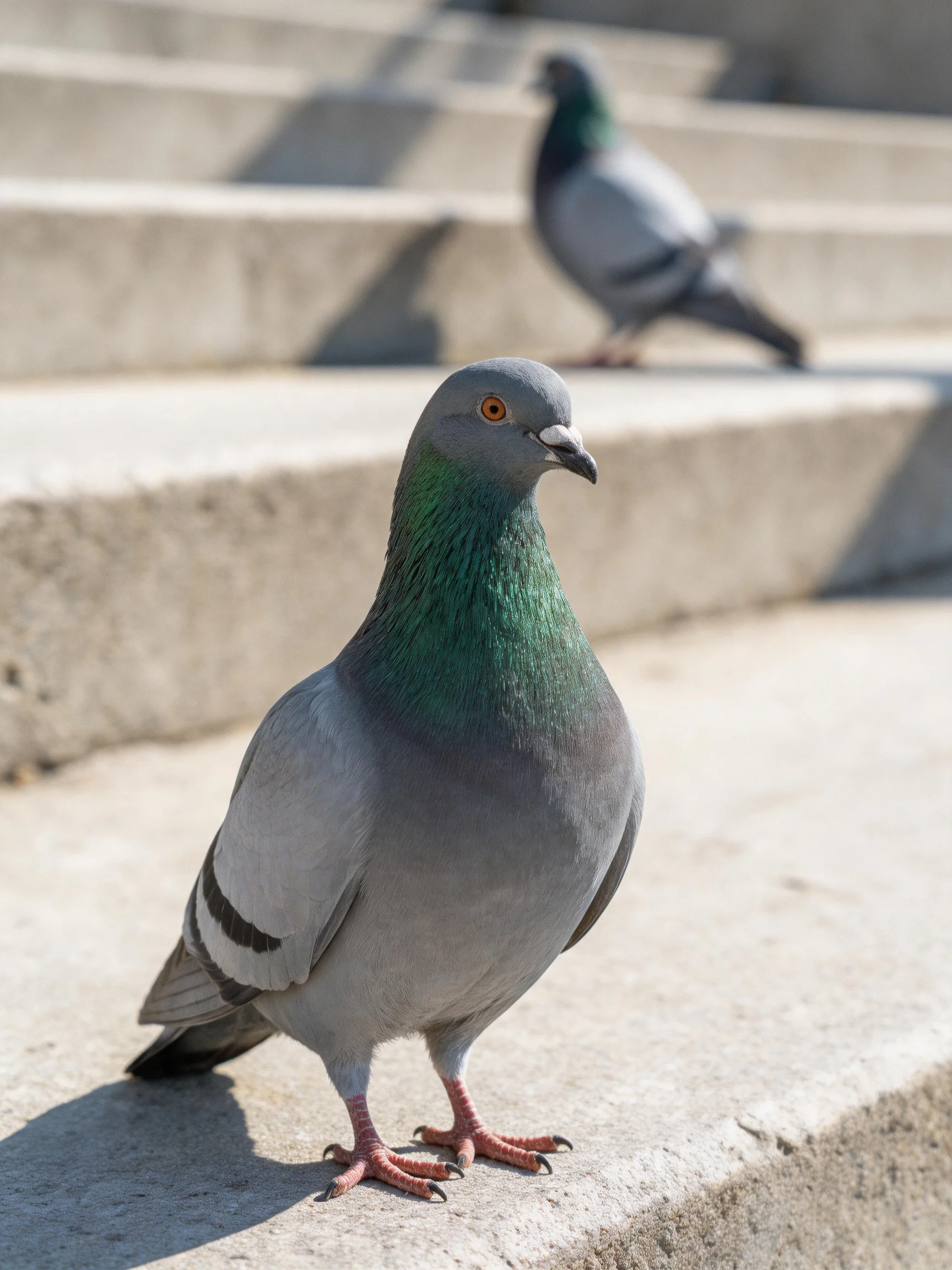 Two pigeons on weathered concrete steps, one with green neck
