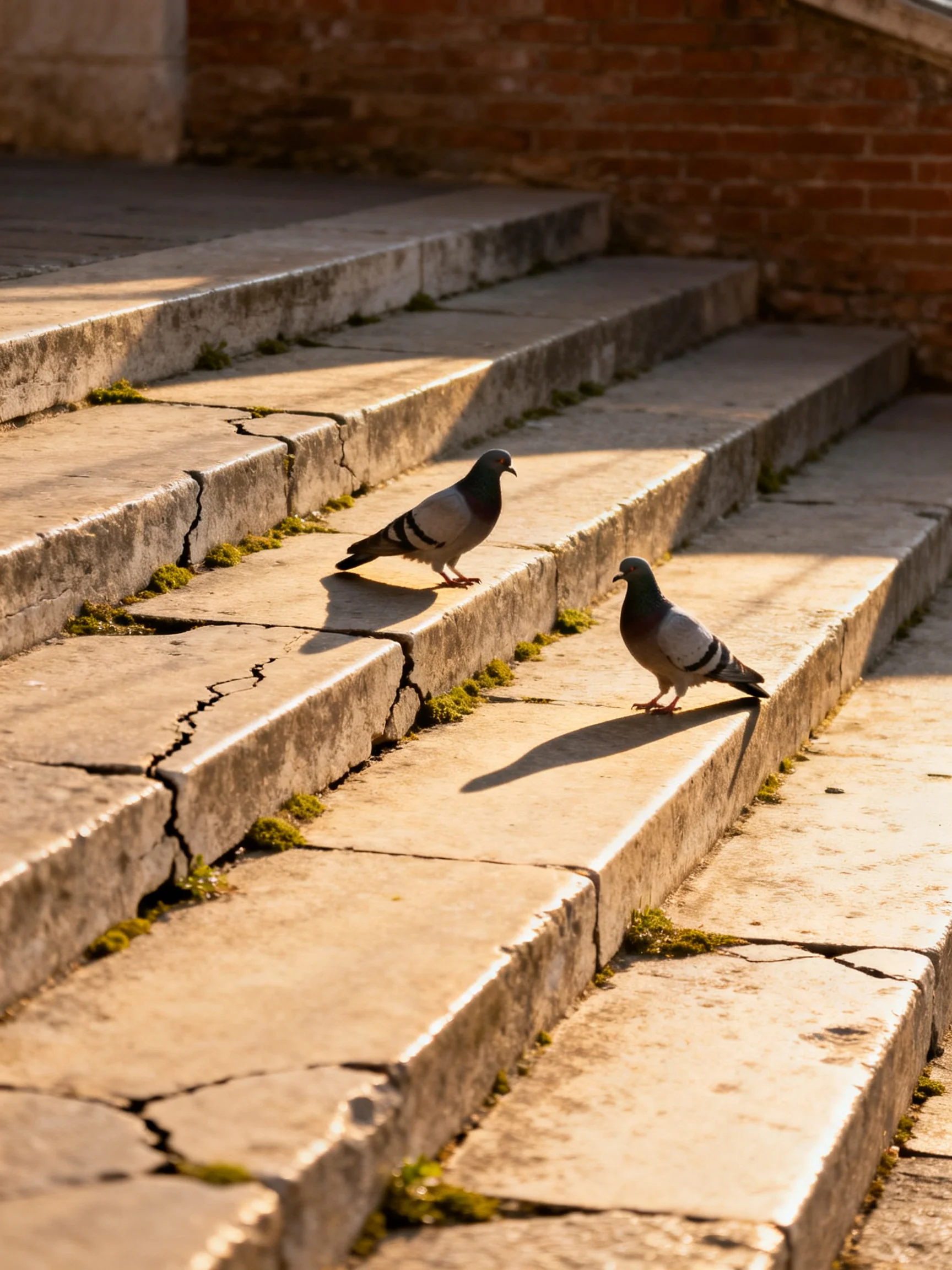 Pigeons traverse cracked stone steps beside a brick wall.