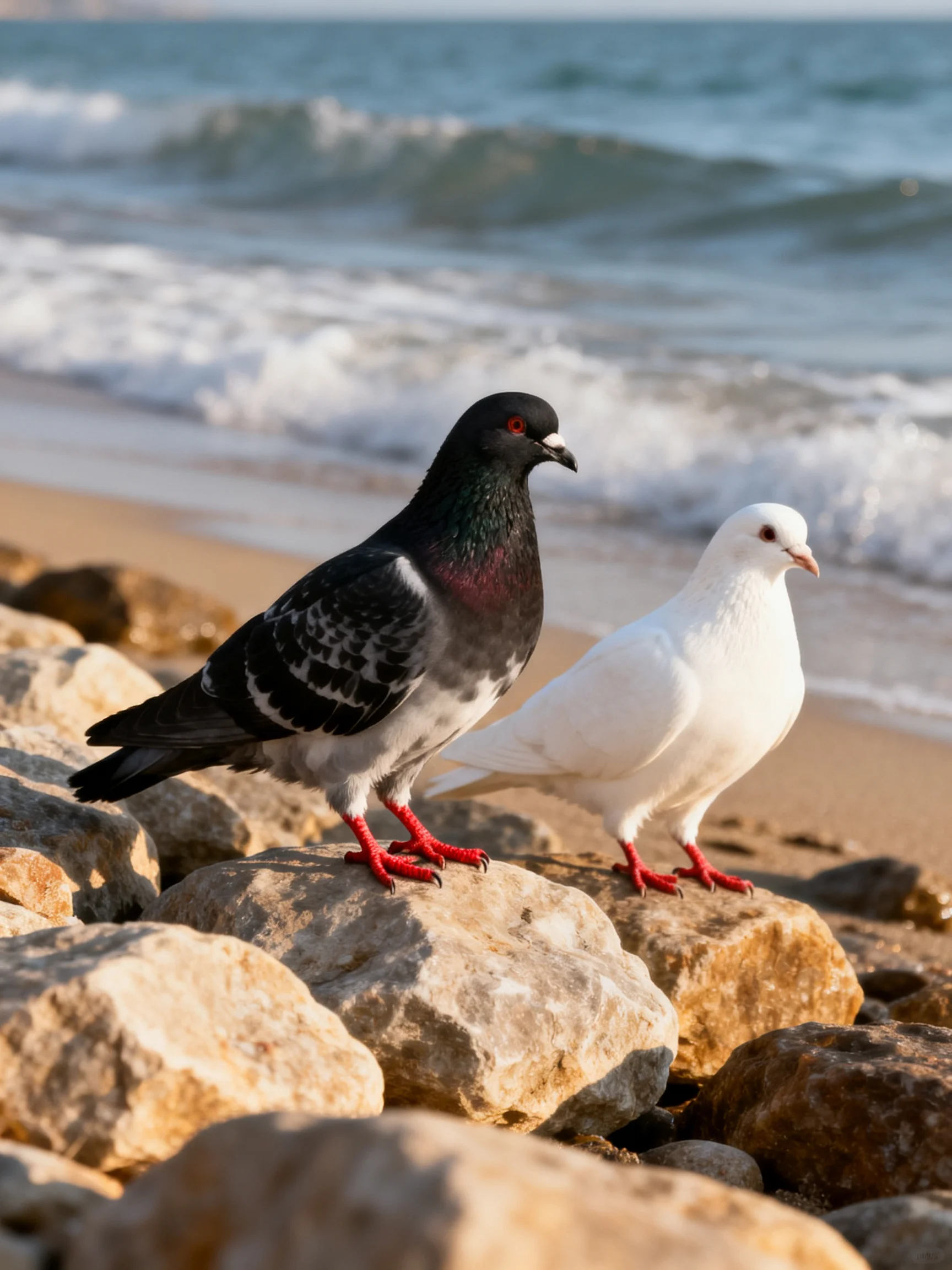 A black pigeon and white dove rest on coastal rocks by the sea.