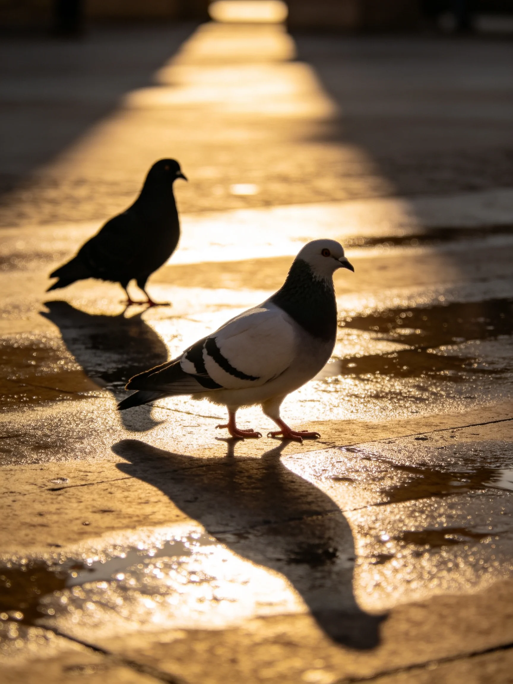 Two pigeons, one black and one white, walk on a wet pavement in golden sunlight
