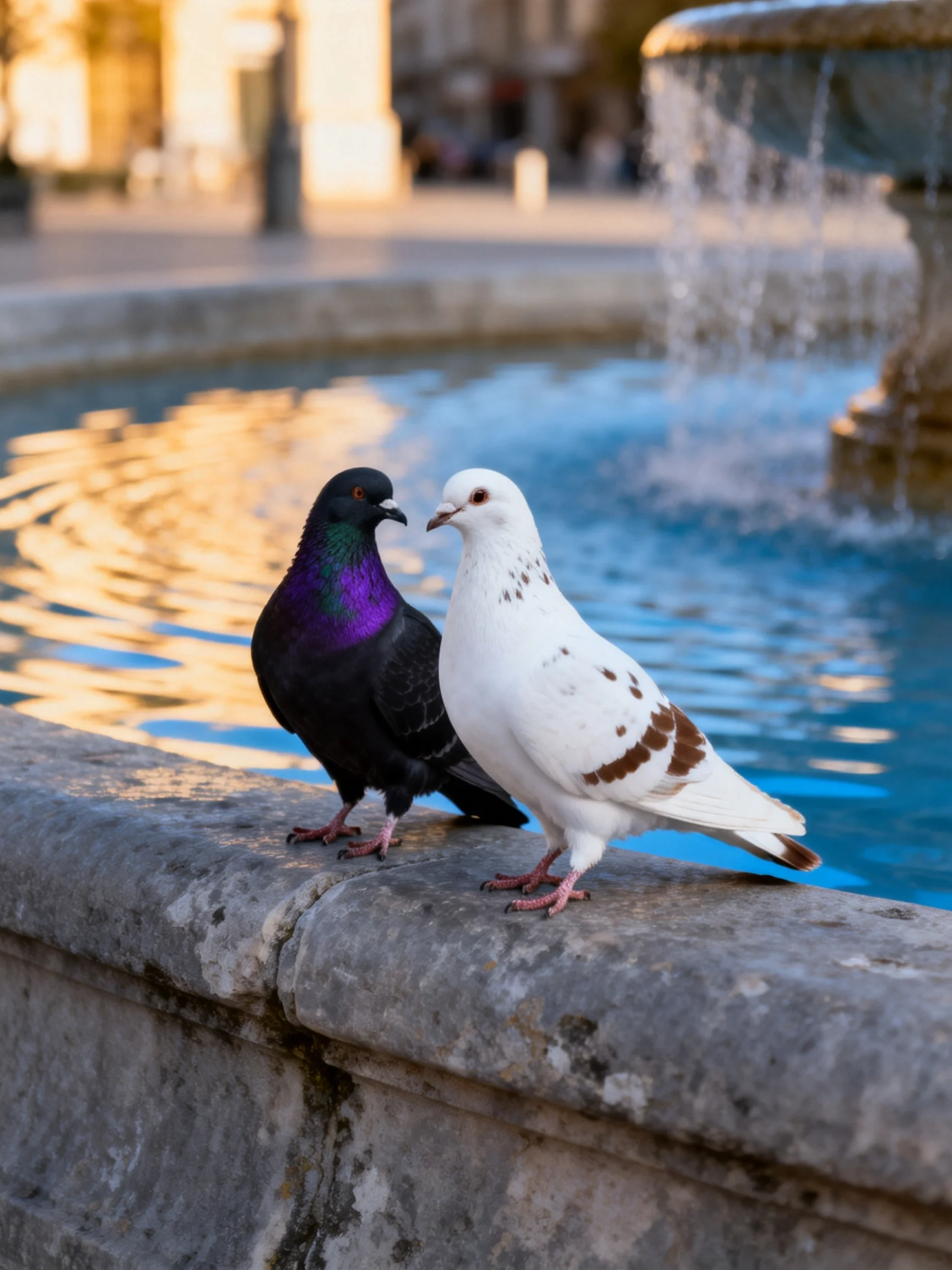 Two pigeons, one black-purple, one white-brown, rest by a stone fountain