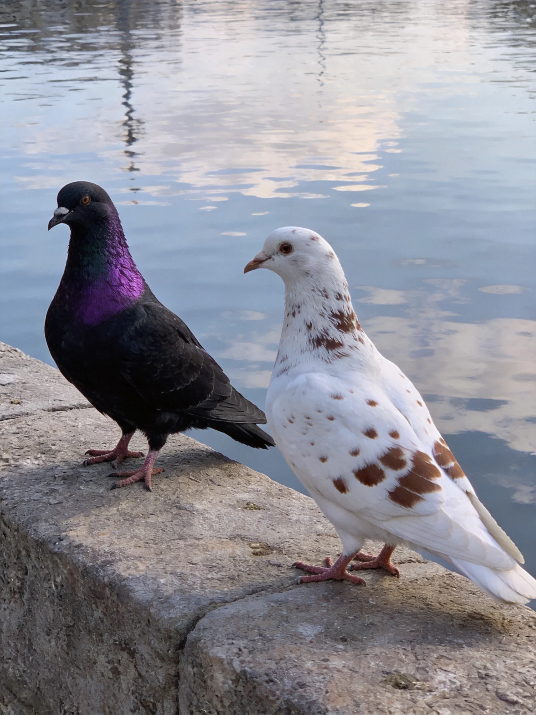 Two pigeons, one black-purple, one white-brown, stand by calm water.