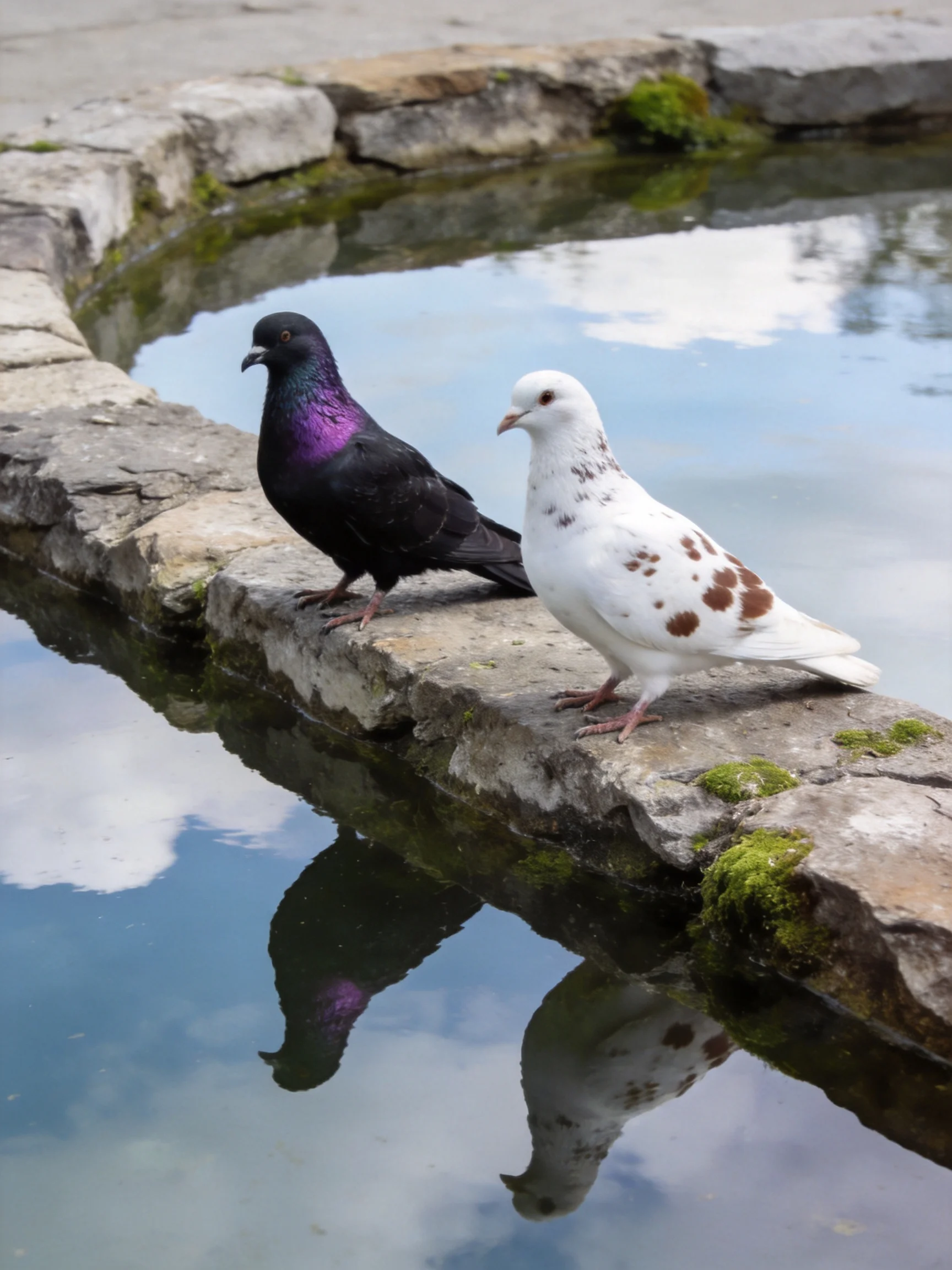 Two pigeons—one black with purple sheen, one white with brown spots—rest on a moss-covered stone 