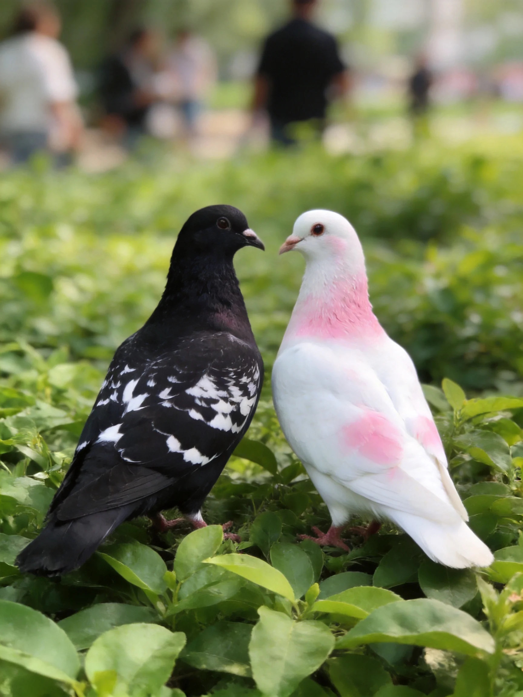 Two pigeons—one black with white markings, one white with pink patches—on green foliage