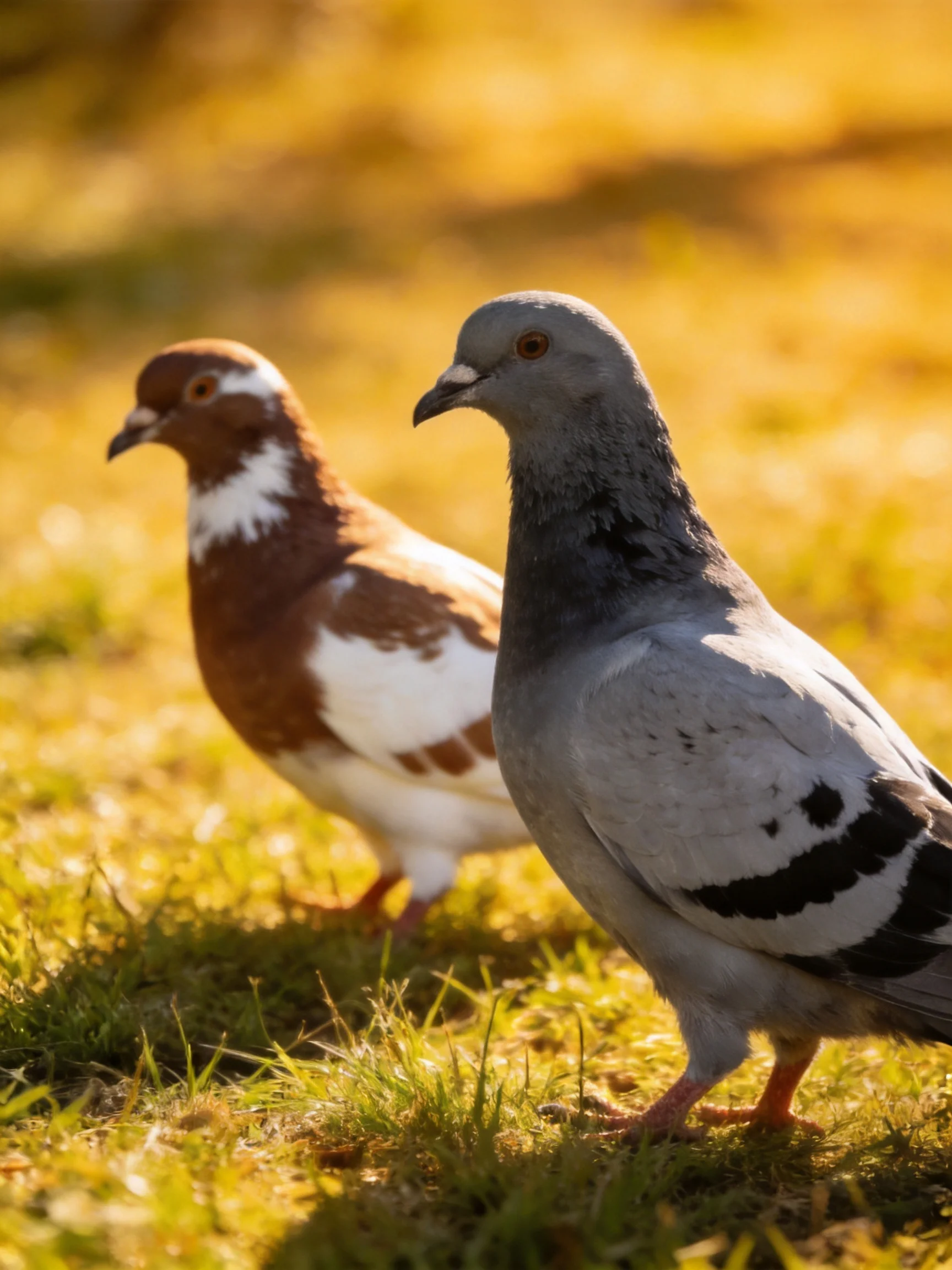 Pigeons of different colors walk on sunlit grass.