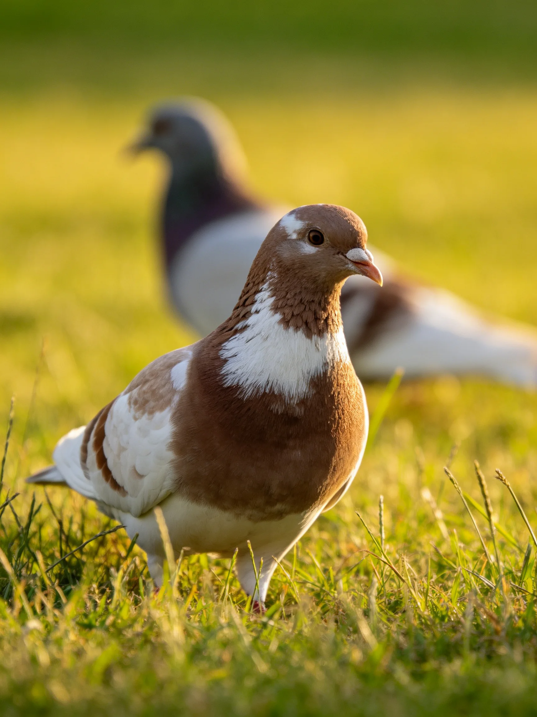 Two pigeons, one brown-and-white, one gray-purple, on sunlit grass