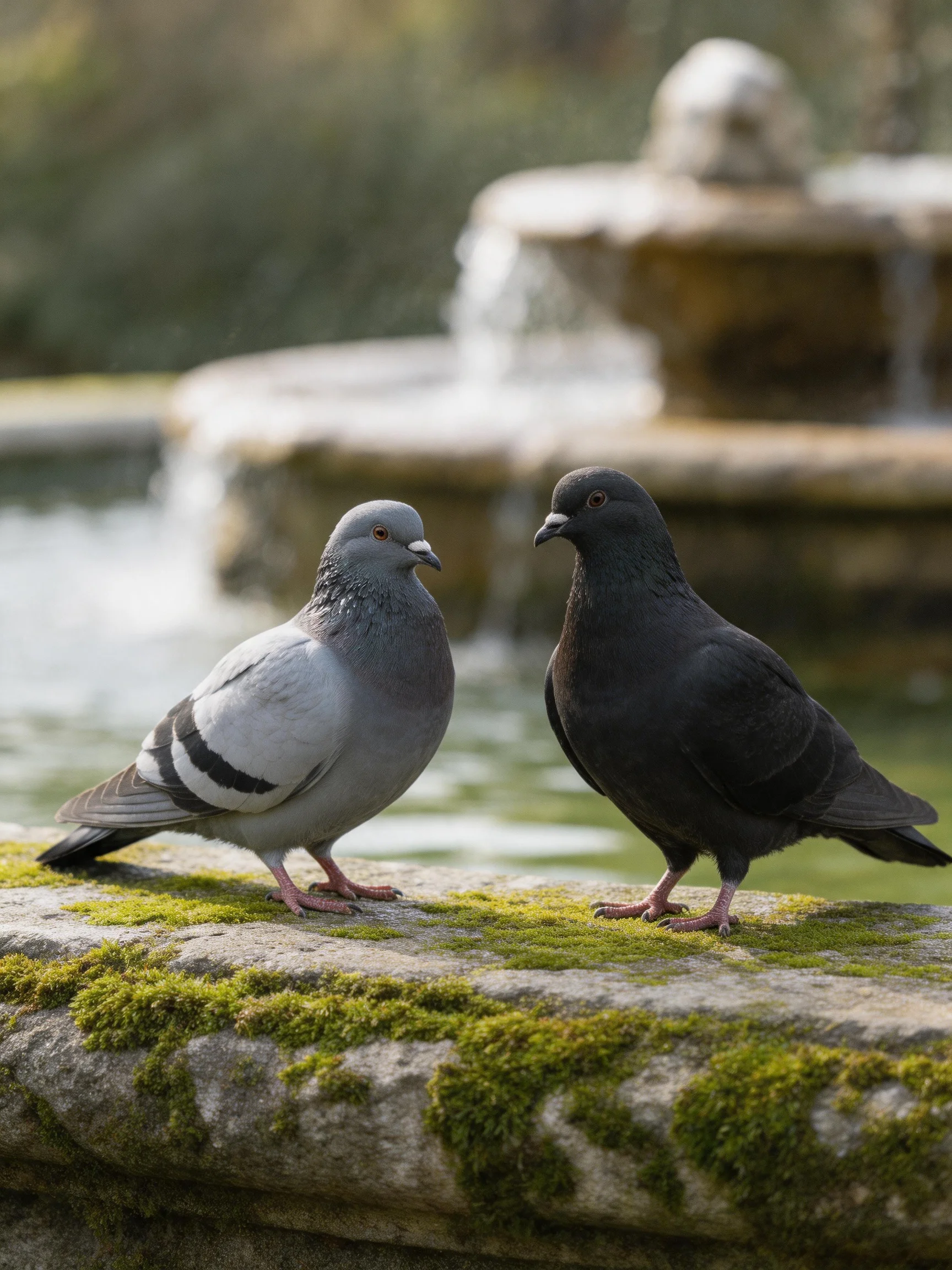Two pigeons, one gray and one black, sit on a mossy stone ledge near a fountain