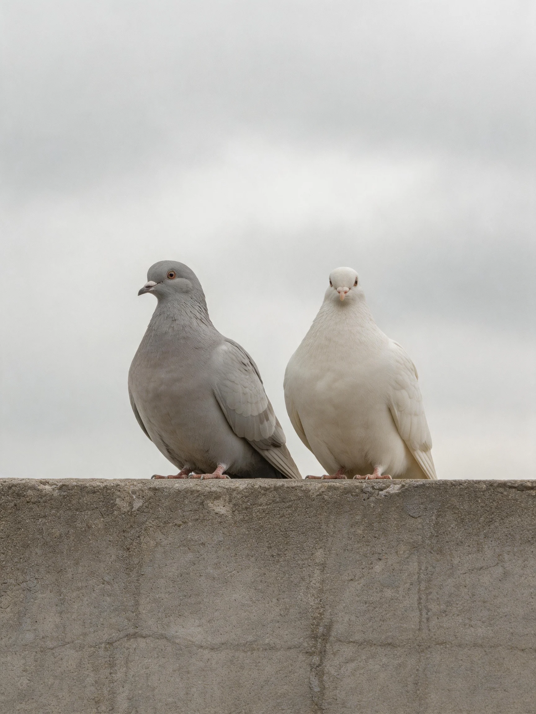 Two pigeons, one gray and one white, sit on a weathered concrete ledge