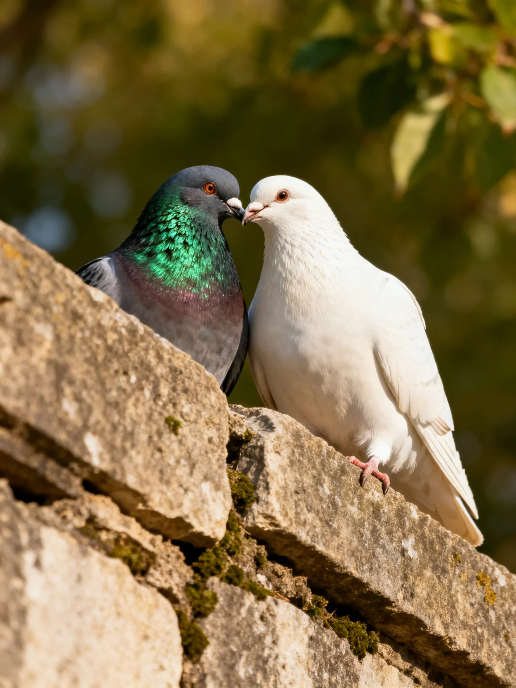 Two pigeons, one gray-green necked, one white, rest on an aged stone wall.