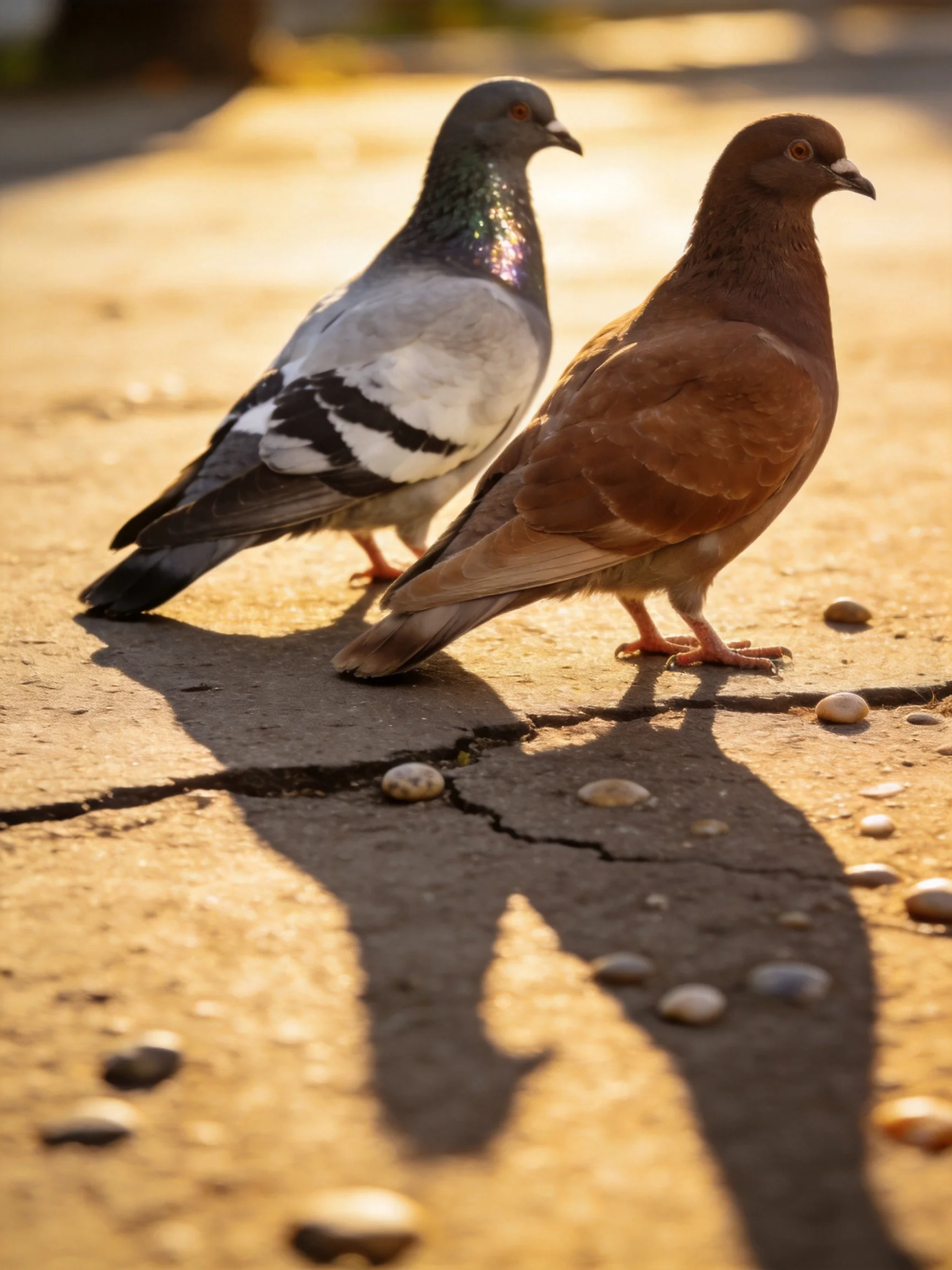 Two pigeons, one gray-white, one brown, on sunlit pavement