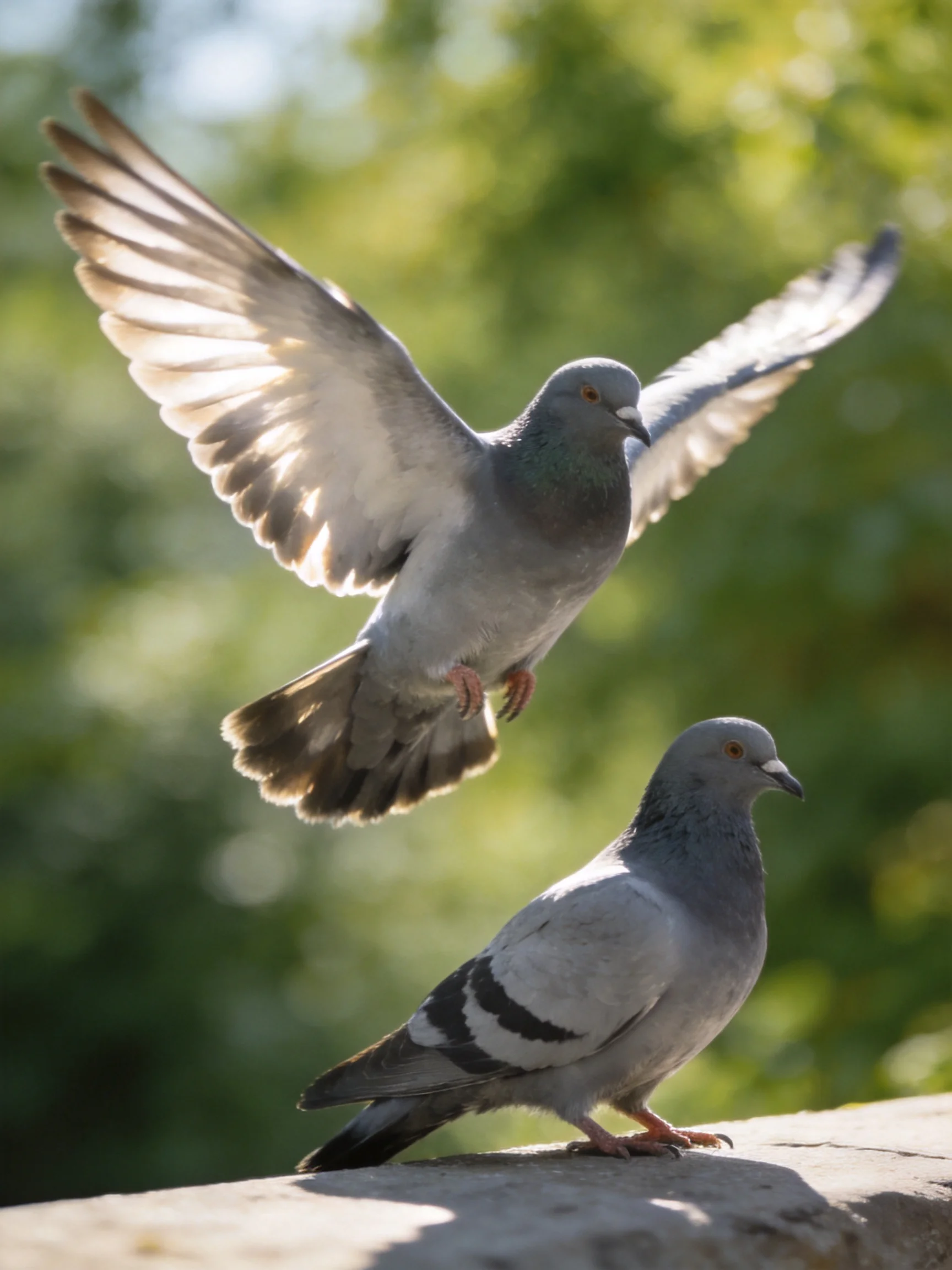Two pigeons, one taking flight, one standing, with green foliage behind