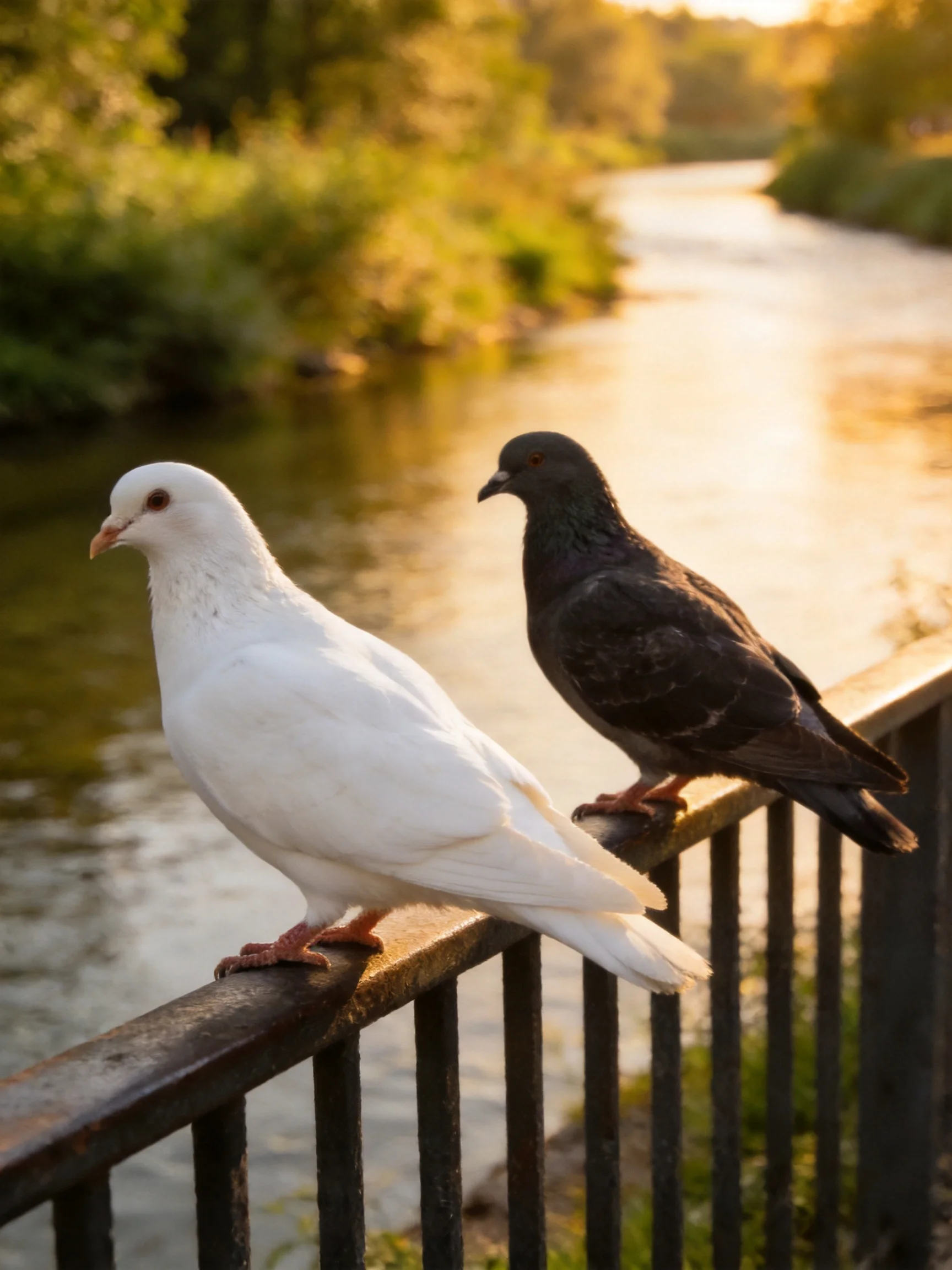 Two pigeons, one white and one black, rest on a metal railing by a sunlit river.