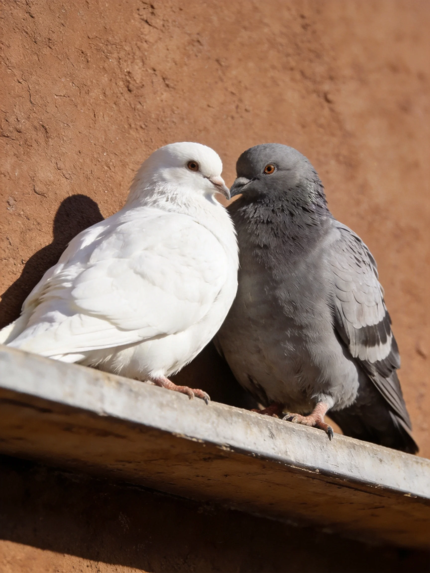 Two pigeons sit closely together on a ledge beside a brown wall.