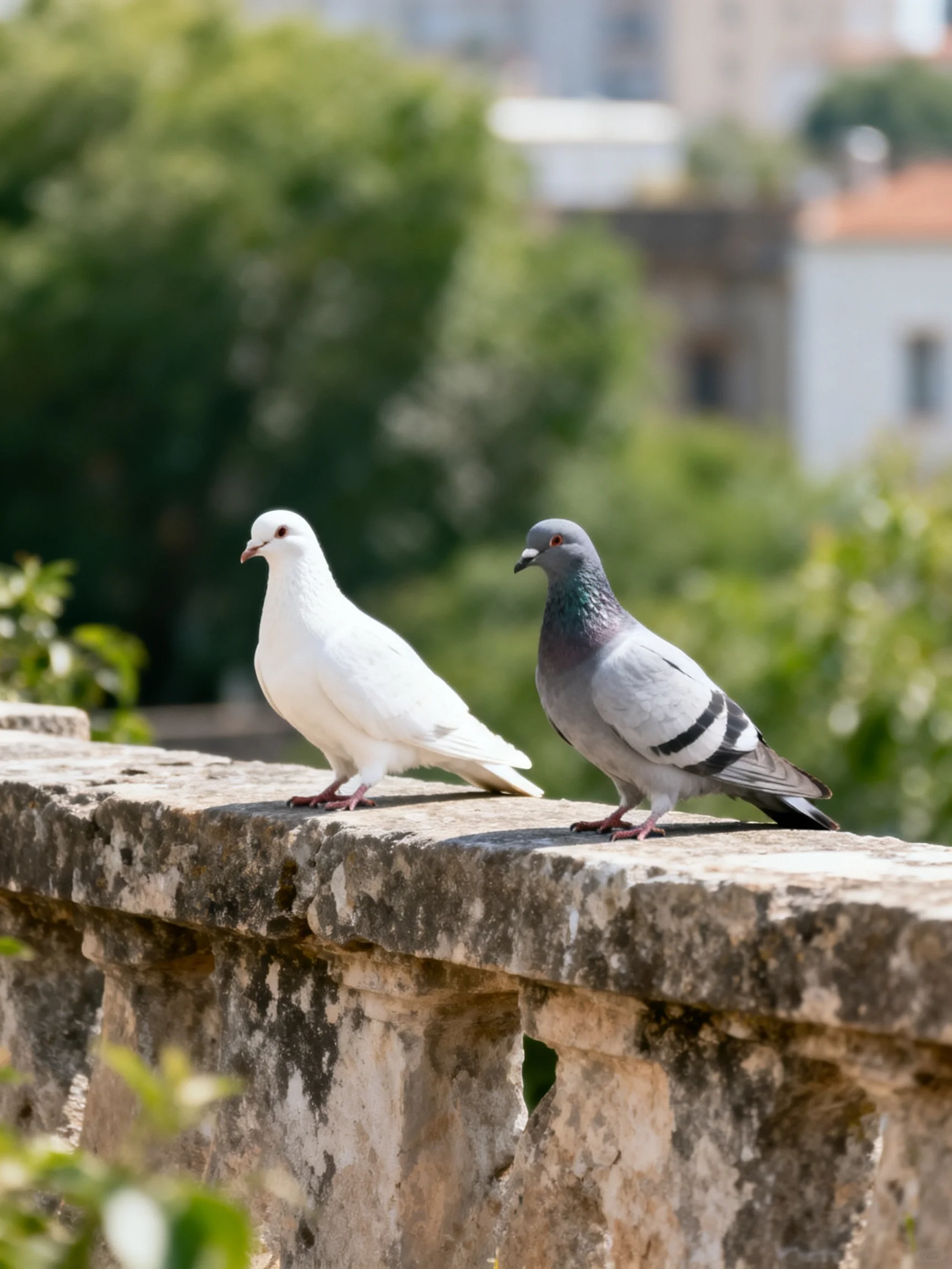 A white pigeon and a gray pigeon stand on a stone ledge.