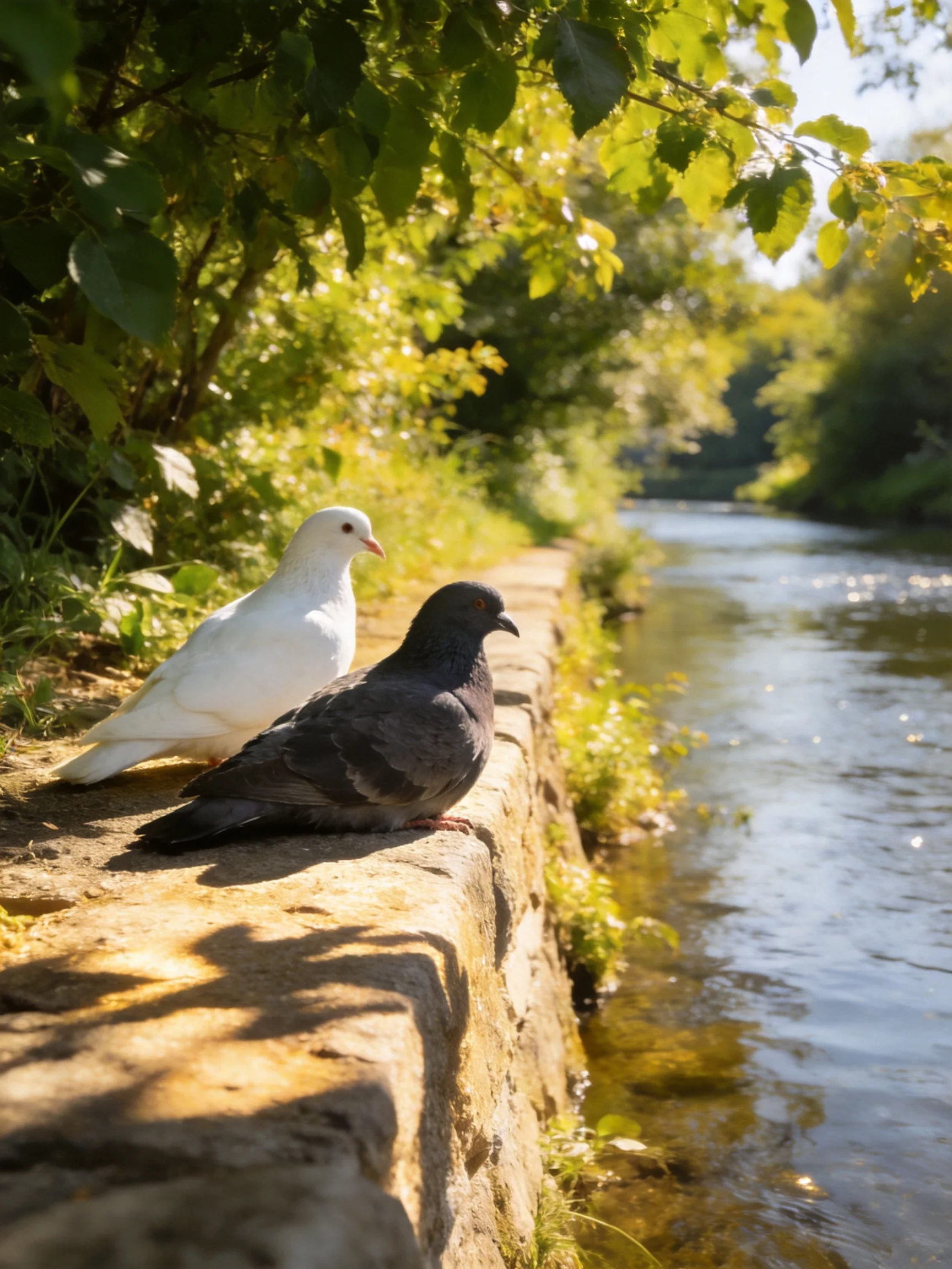Two pigeons rest on a stone ledge near a sunlit waterway.
