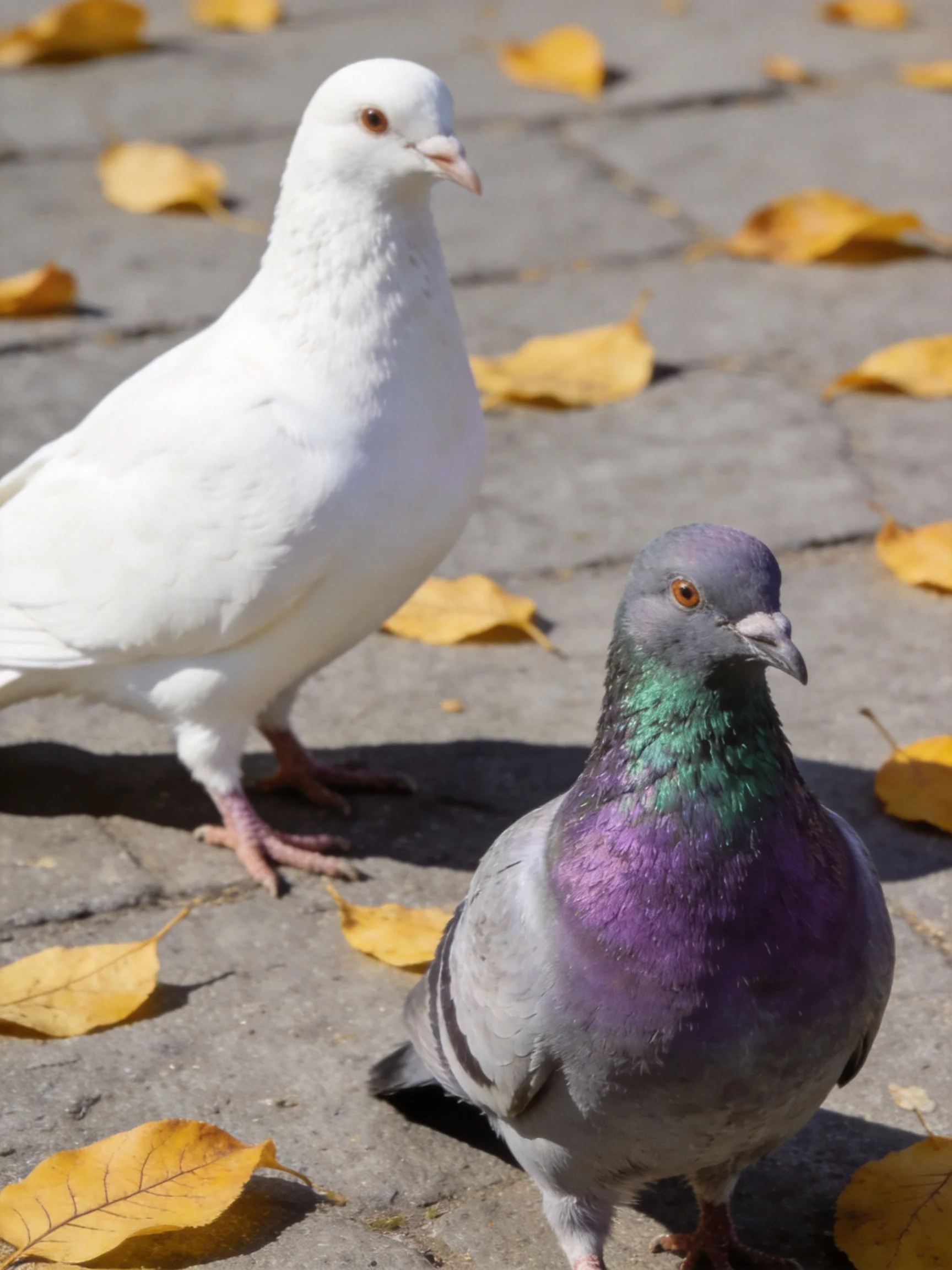 Two pigeons—one white and one iridescent gray-purple—stand amid scattered yellow autumn leaves