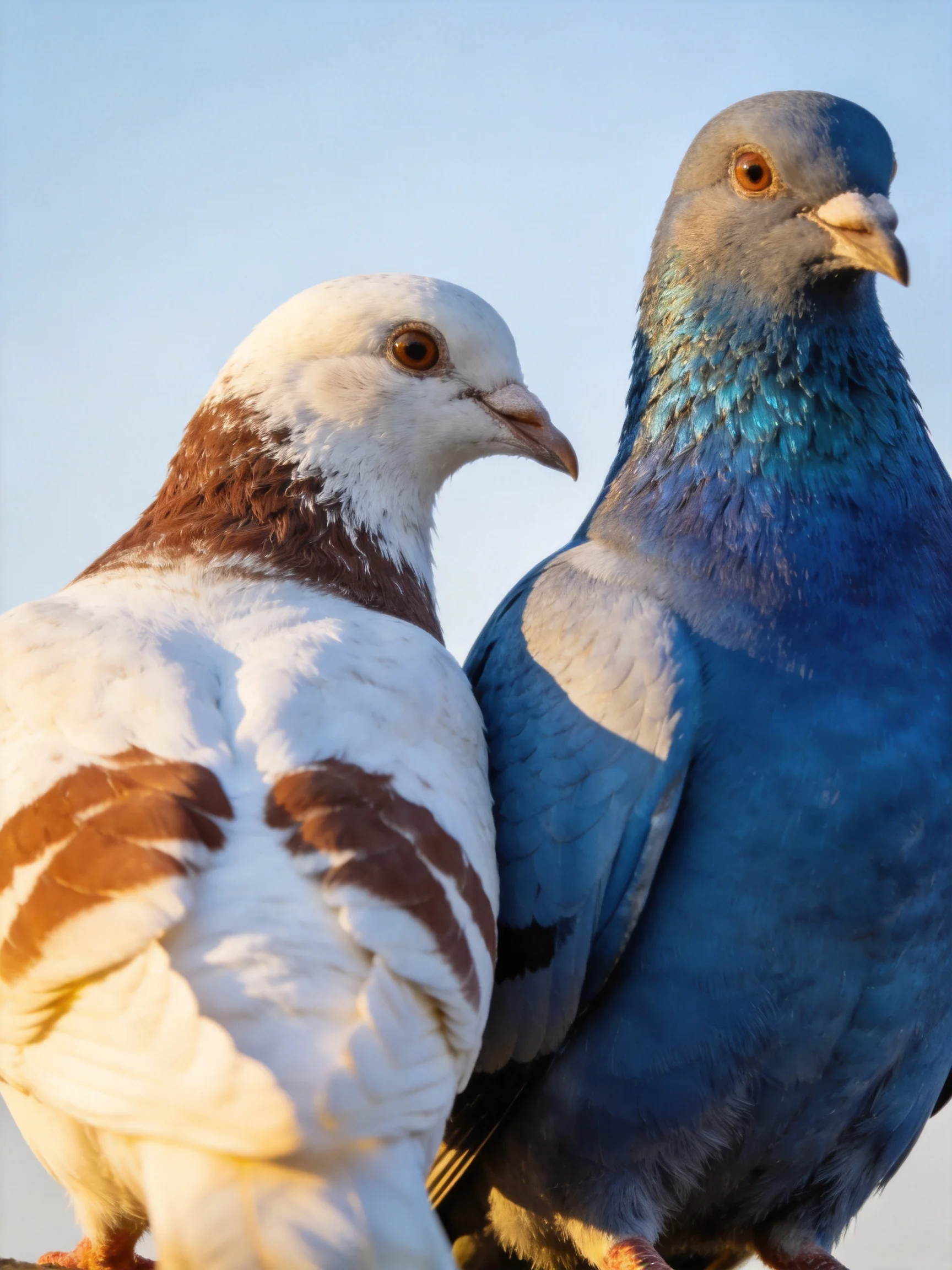 Two pigeons, one white-brown, one vibrant blue, side by side