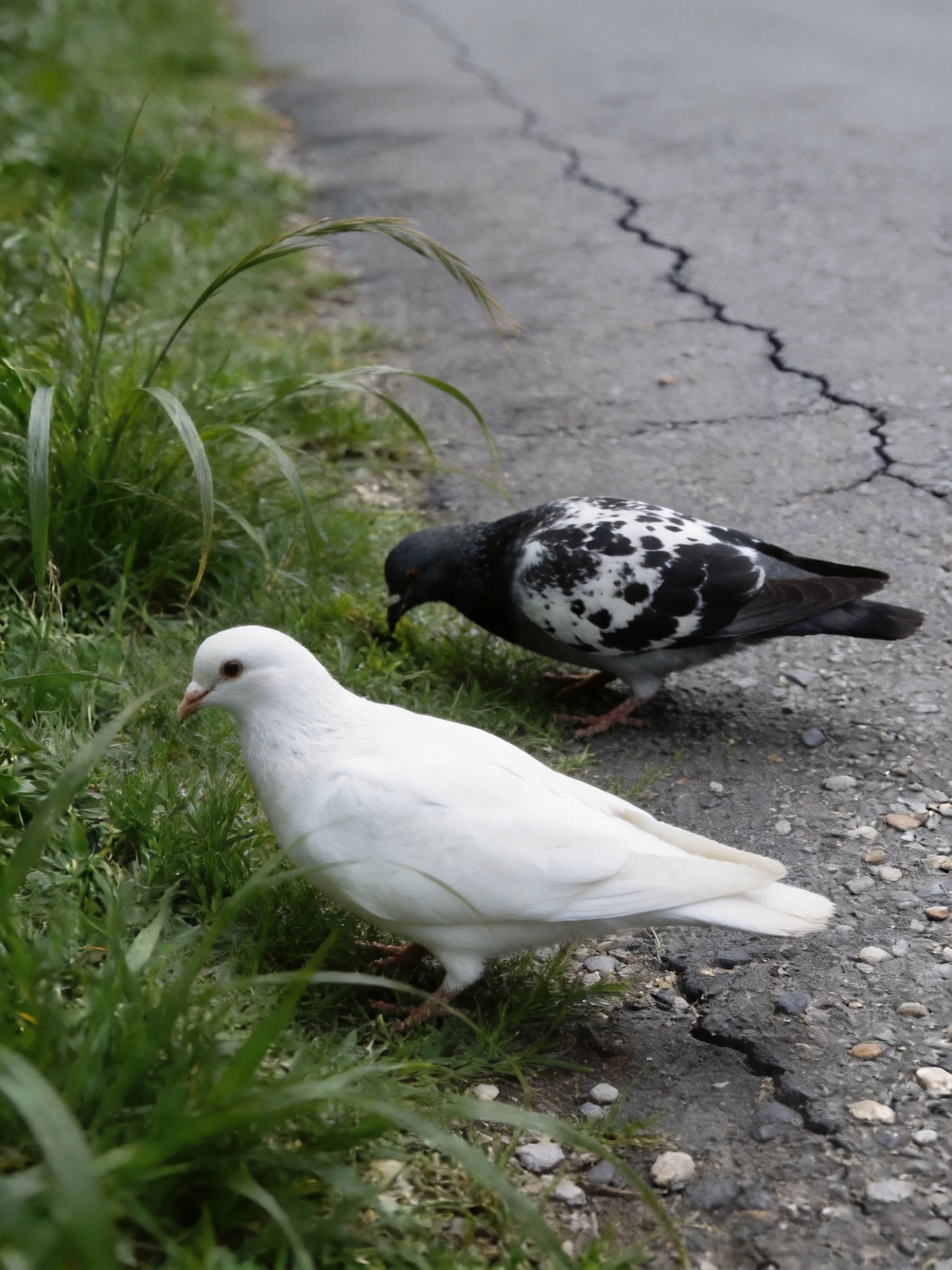 Two pigeons forage near grass and cracked pavement