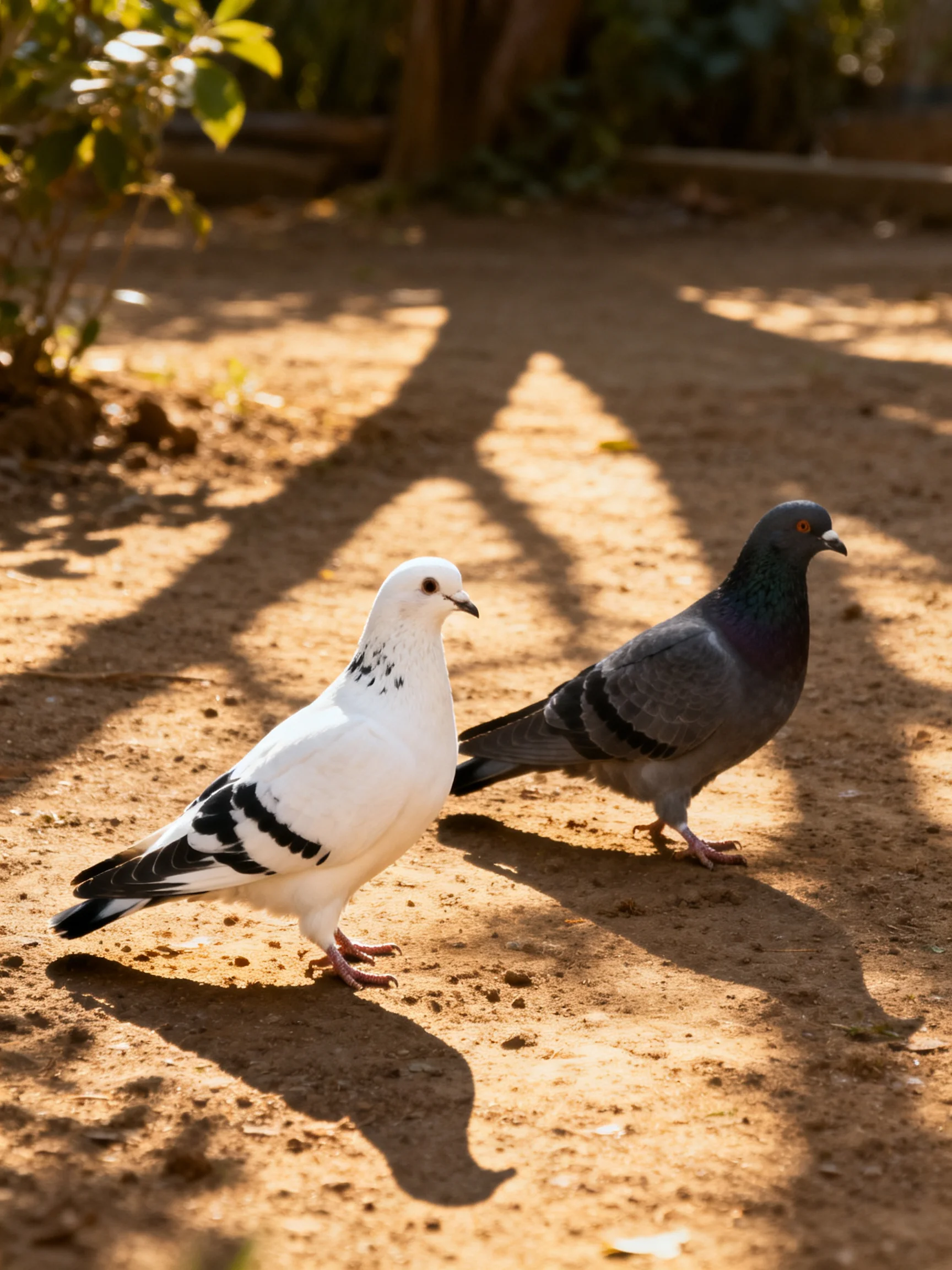 Two pigeons, one white with black markings, one dark gray, walk on a sun-dappled dirt path