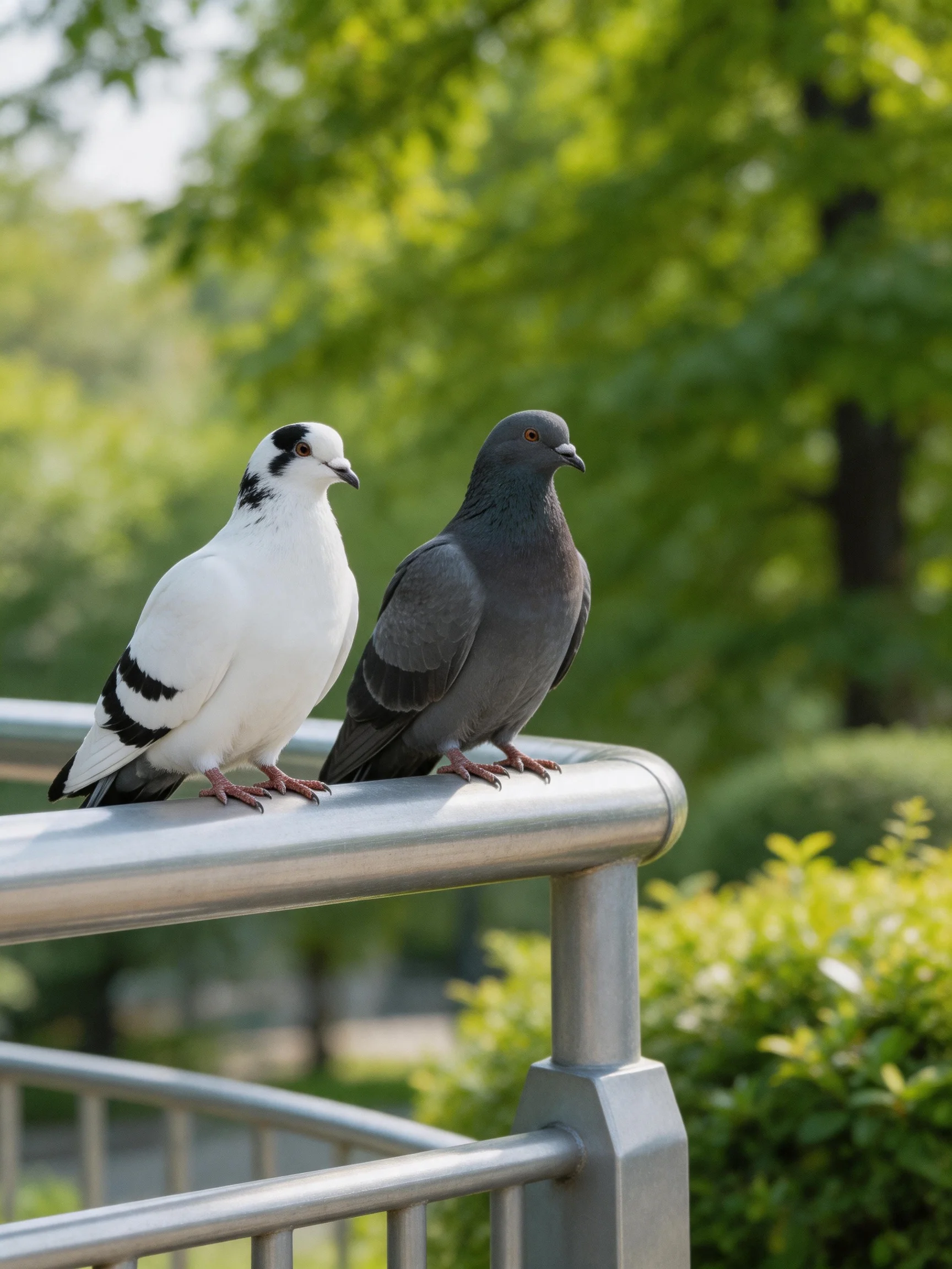 Two pigeons, one white with black markings, one gray, sit on a metallic railing surrounded by greener