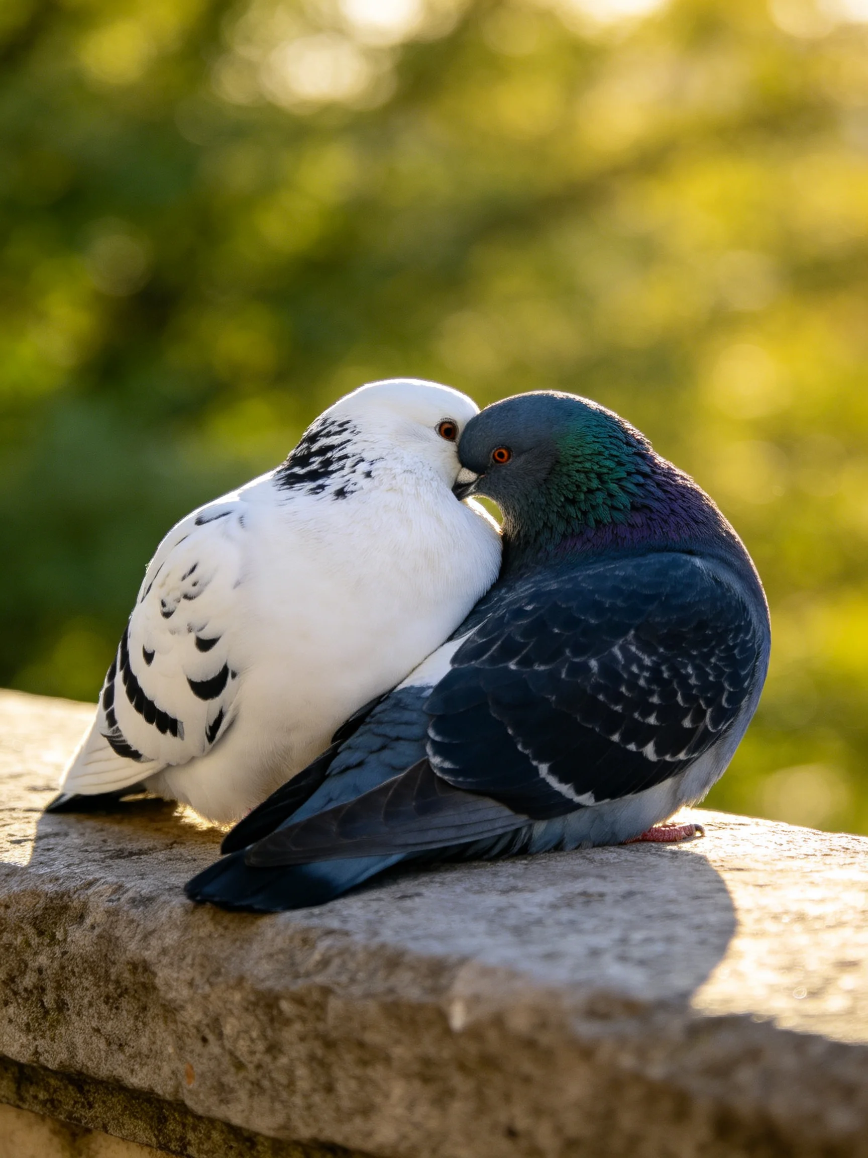 Two pigeons, one white with black markings, one iridescent gray-blue, rest closely on a stone ledge