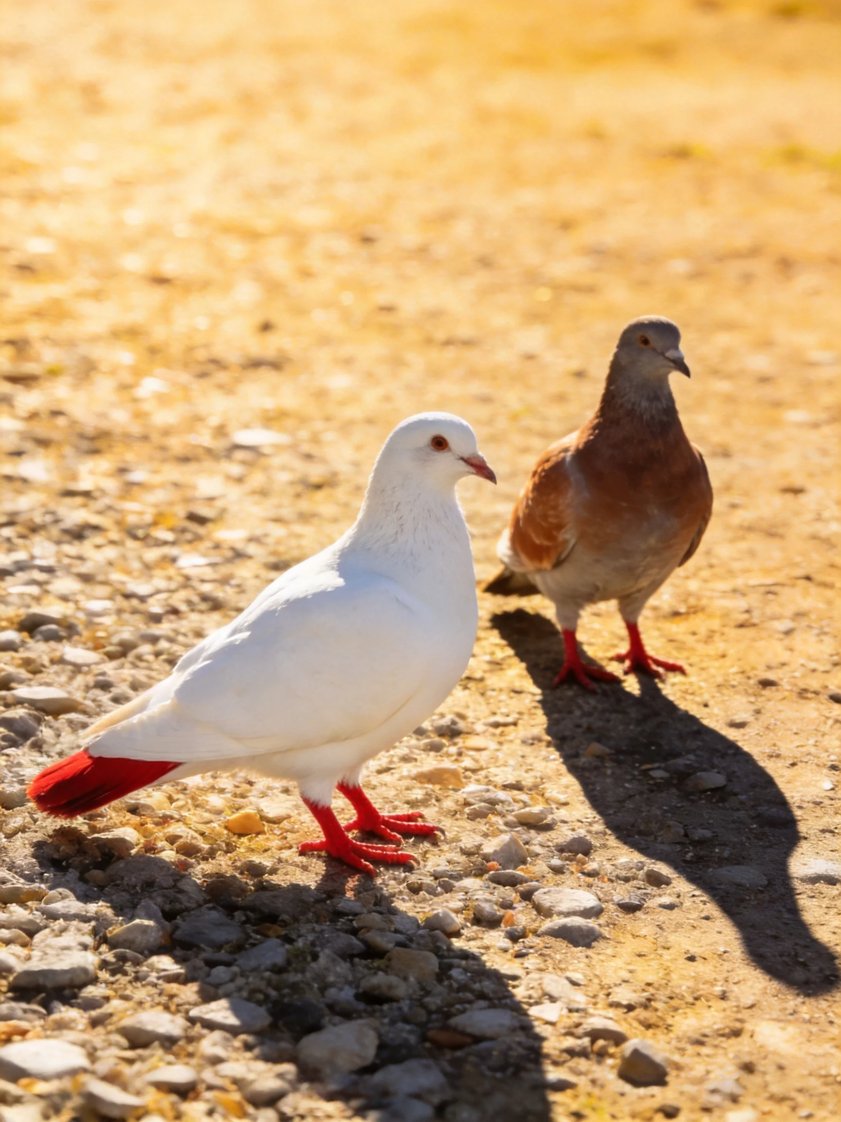 Two pigeons, one white with red accents, one brown, stand on a sunlit gravel path