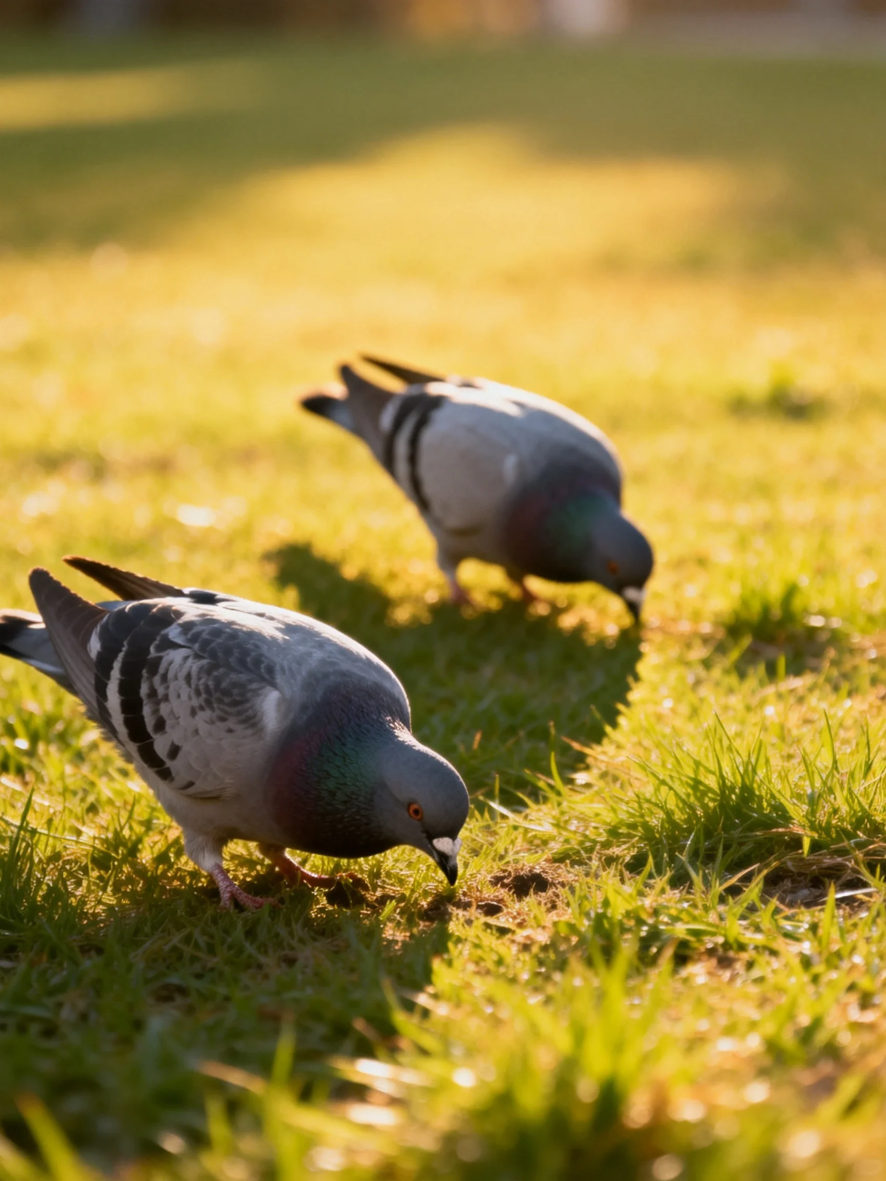 Two pigeons pecking at grass in golden sunlight