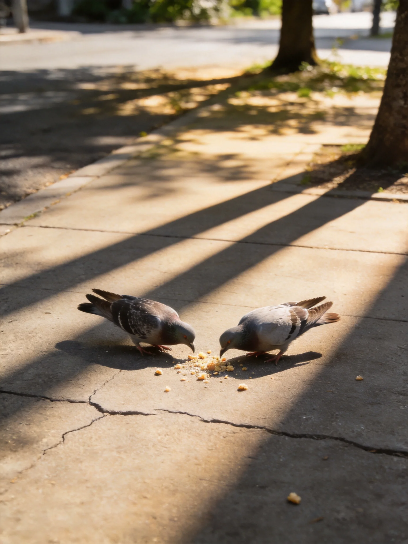 Two pigeons eat scattered crumbs on a sunlit sidewalk near trees.
