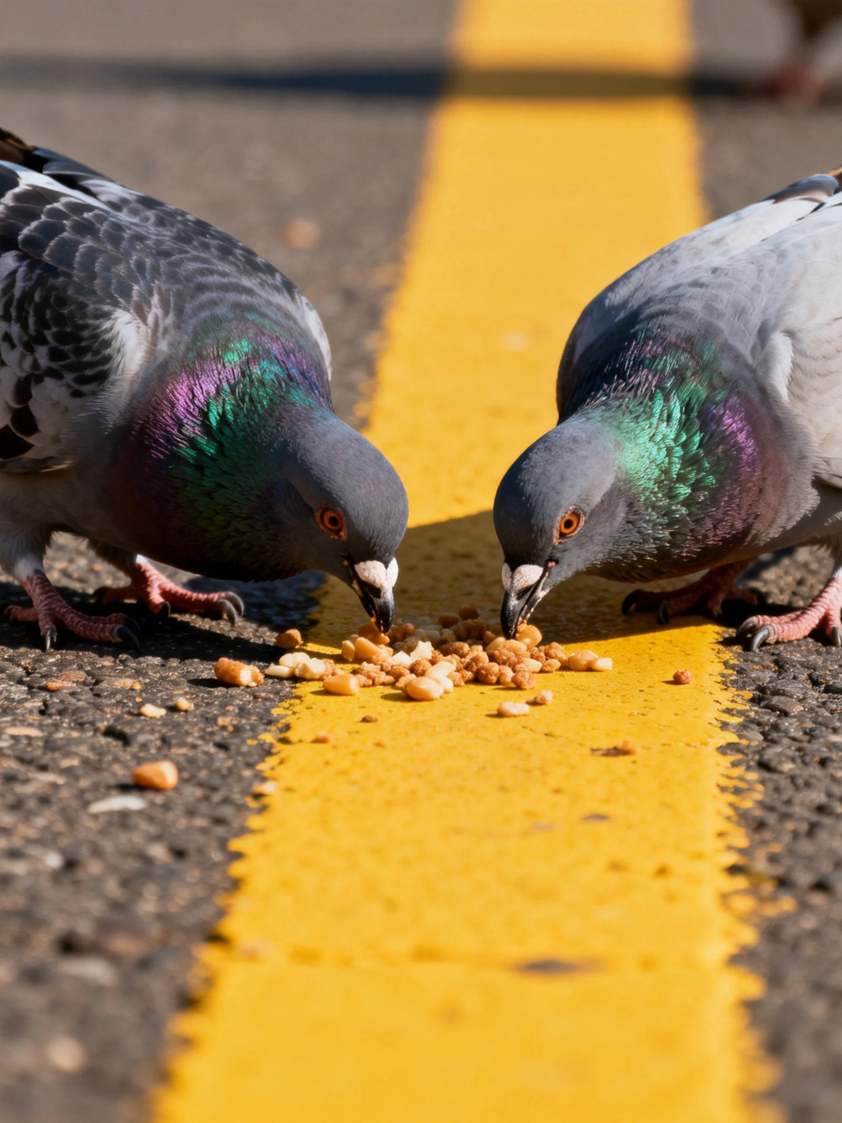 Two pigeons pecking scattered seeds on a vivid yellow road stripe