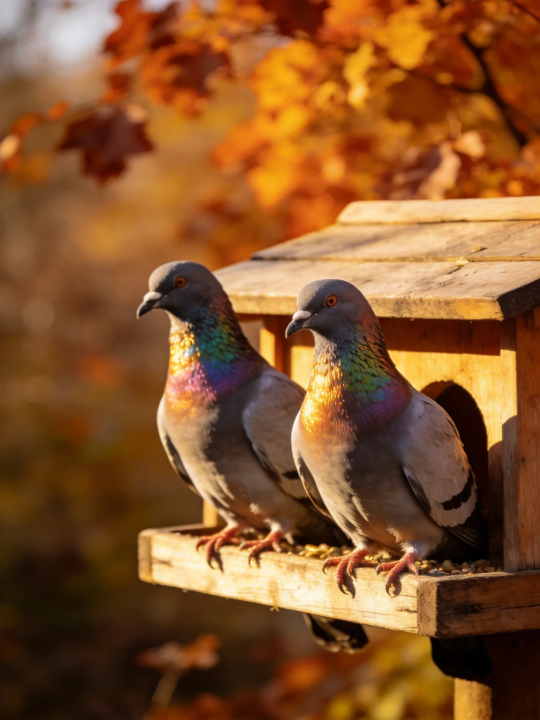 Two pigeons perch beside a wooden birdfeeder amid autumn leaves