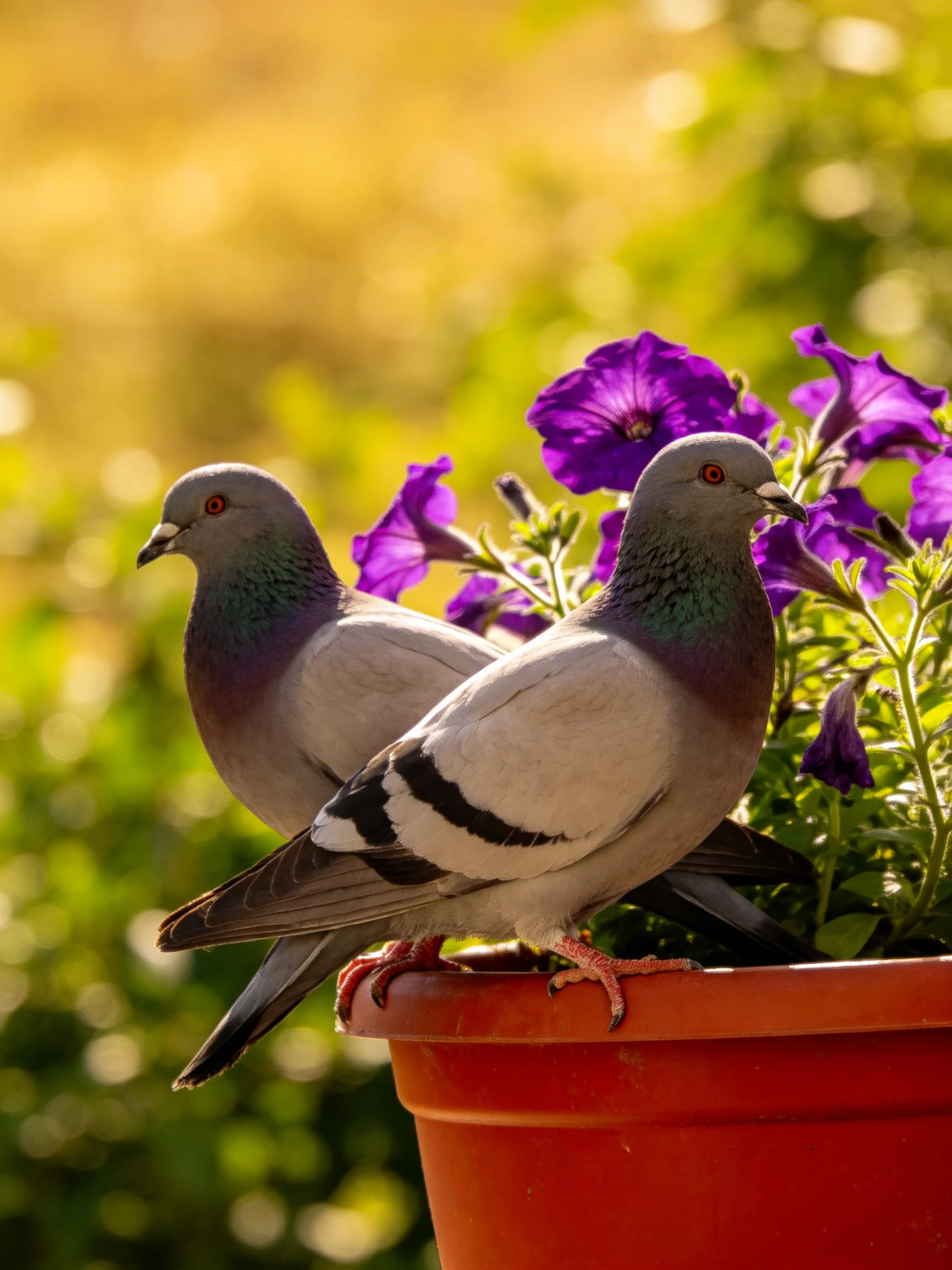 Two pigeons perch beside vibrant purple flowers in a red planter