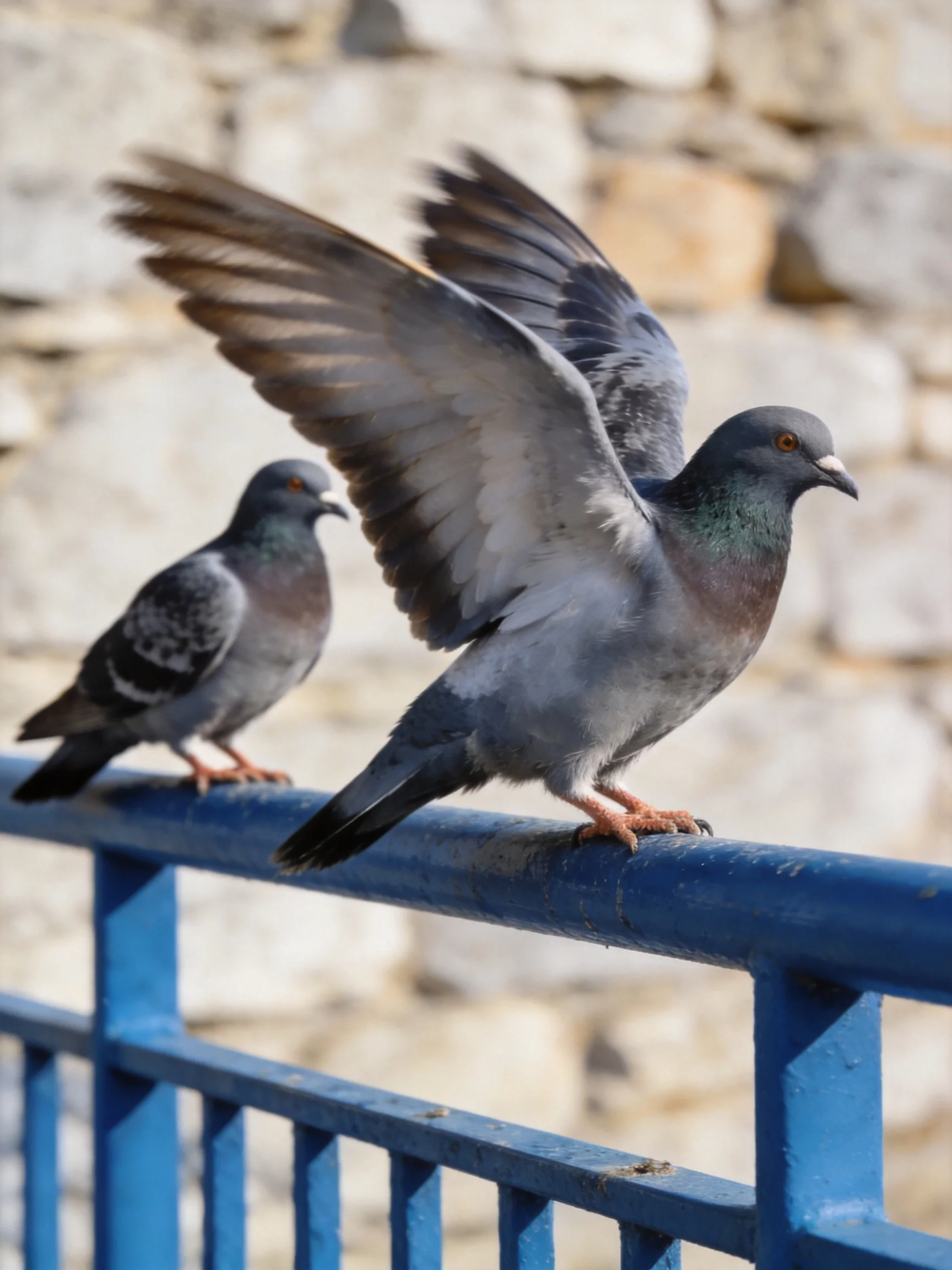 Two pigeons perch on a blue metal railing near a stone wall