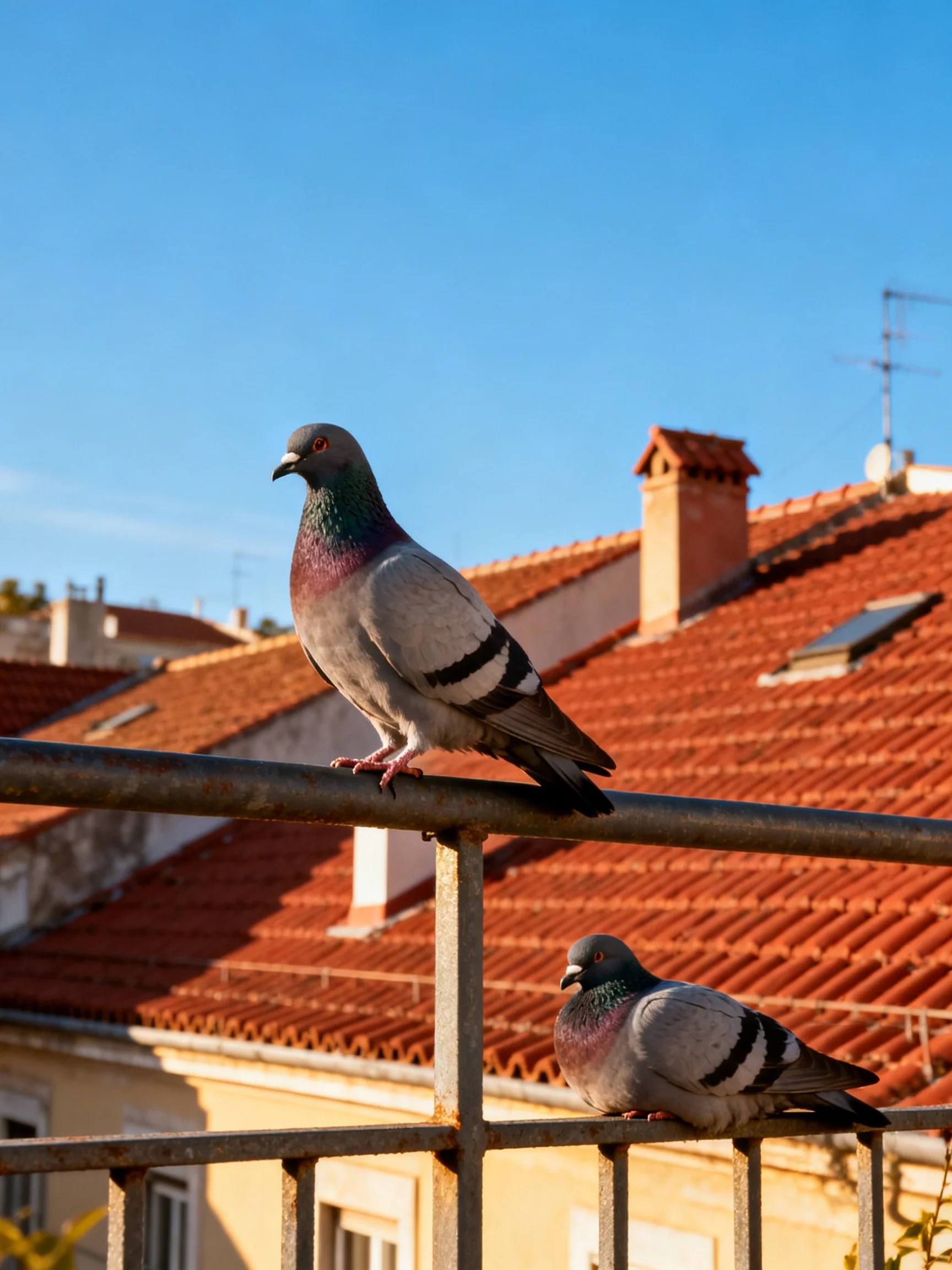 Two pigeons perch on a metal railing near red-tiled rooftops