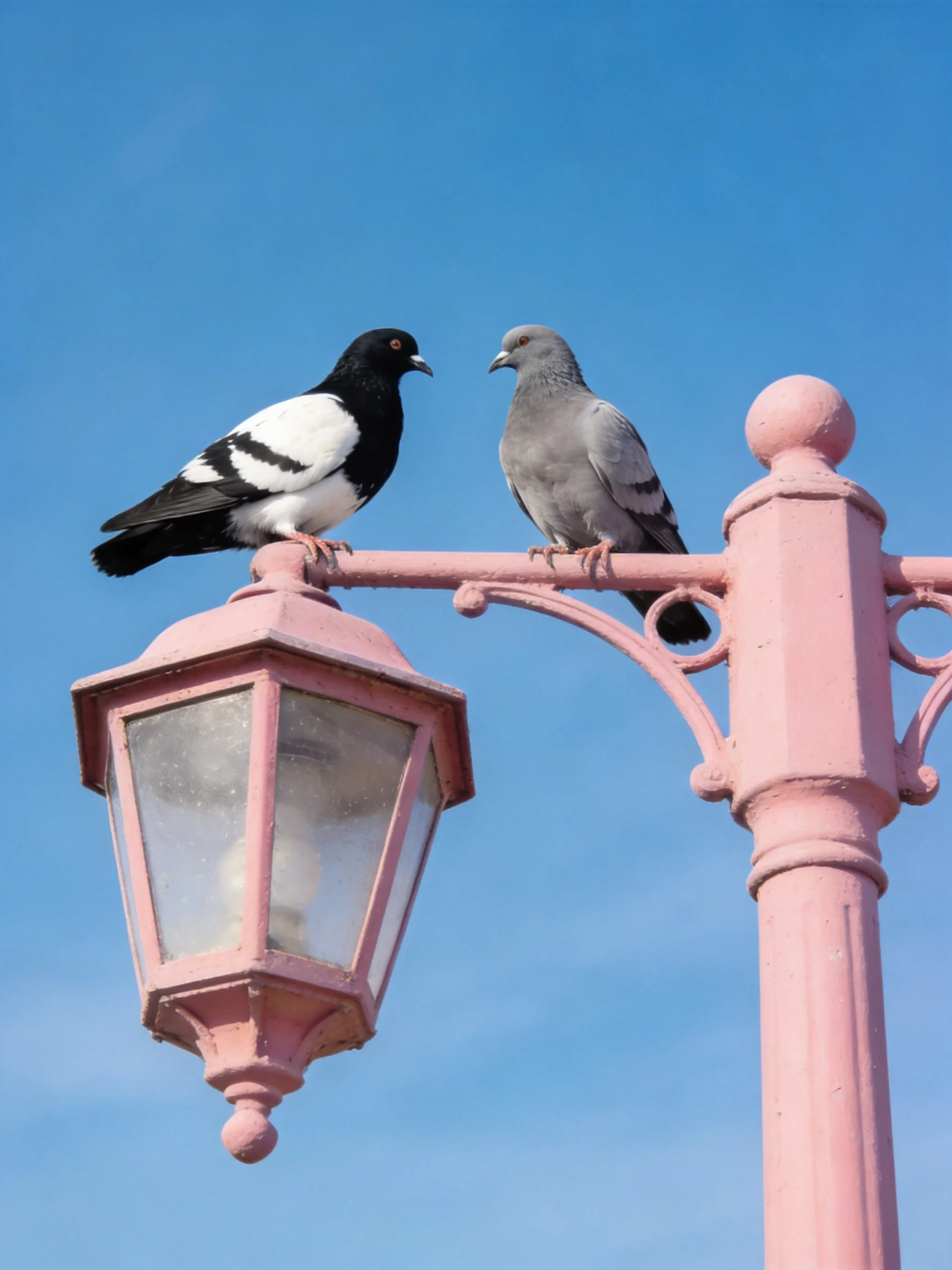 Two pigeons perch on a pink vintage street lamp under a clear blue sky