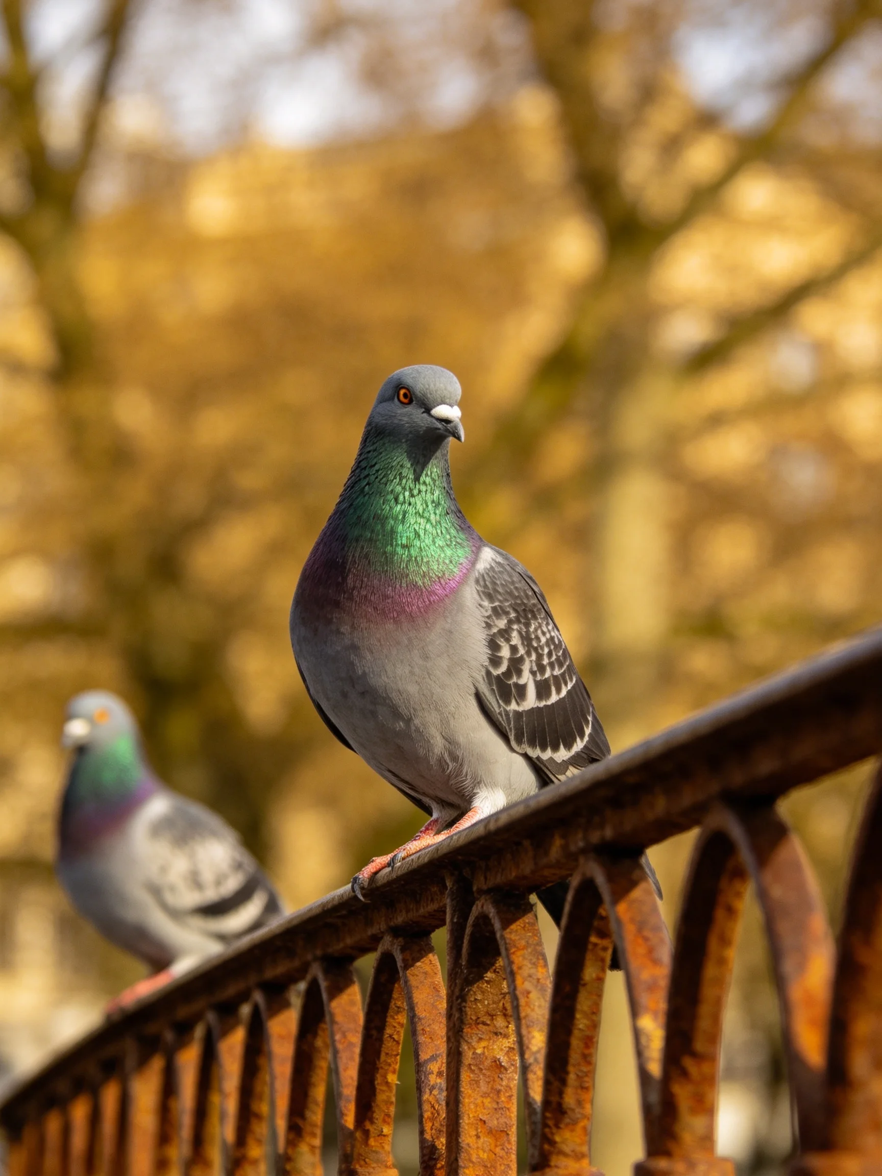 Two pigeons perch on a rusted metal fence with golden autumn trees