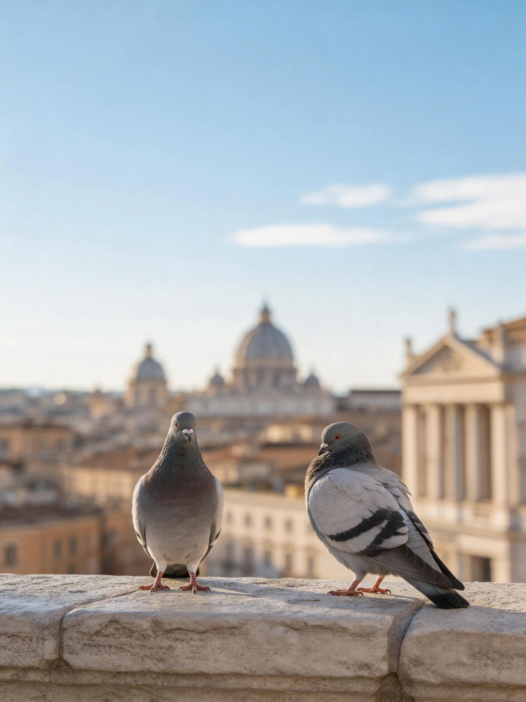 Two pigeons perch on a stone ledge beside historic domed buildings