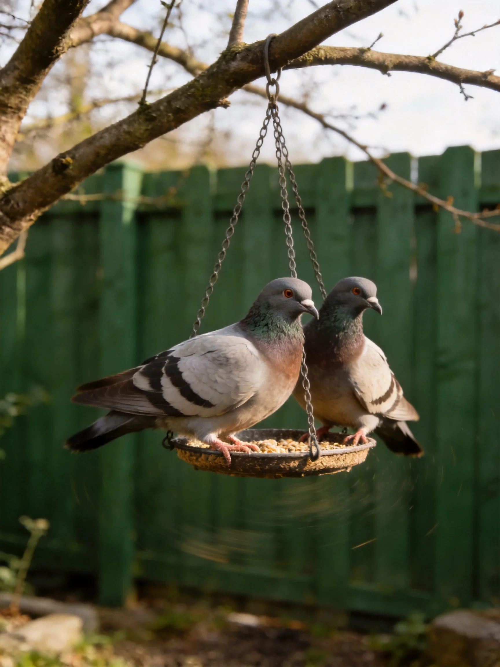 Two pigeons perch on a suspended bird feeder near a green fence